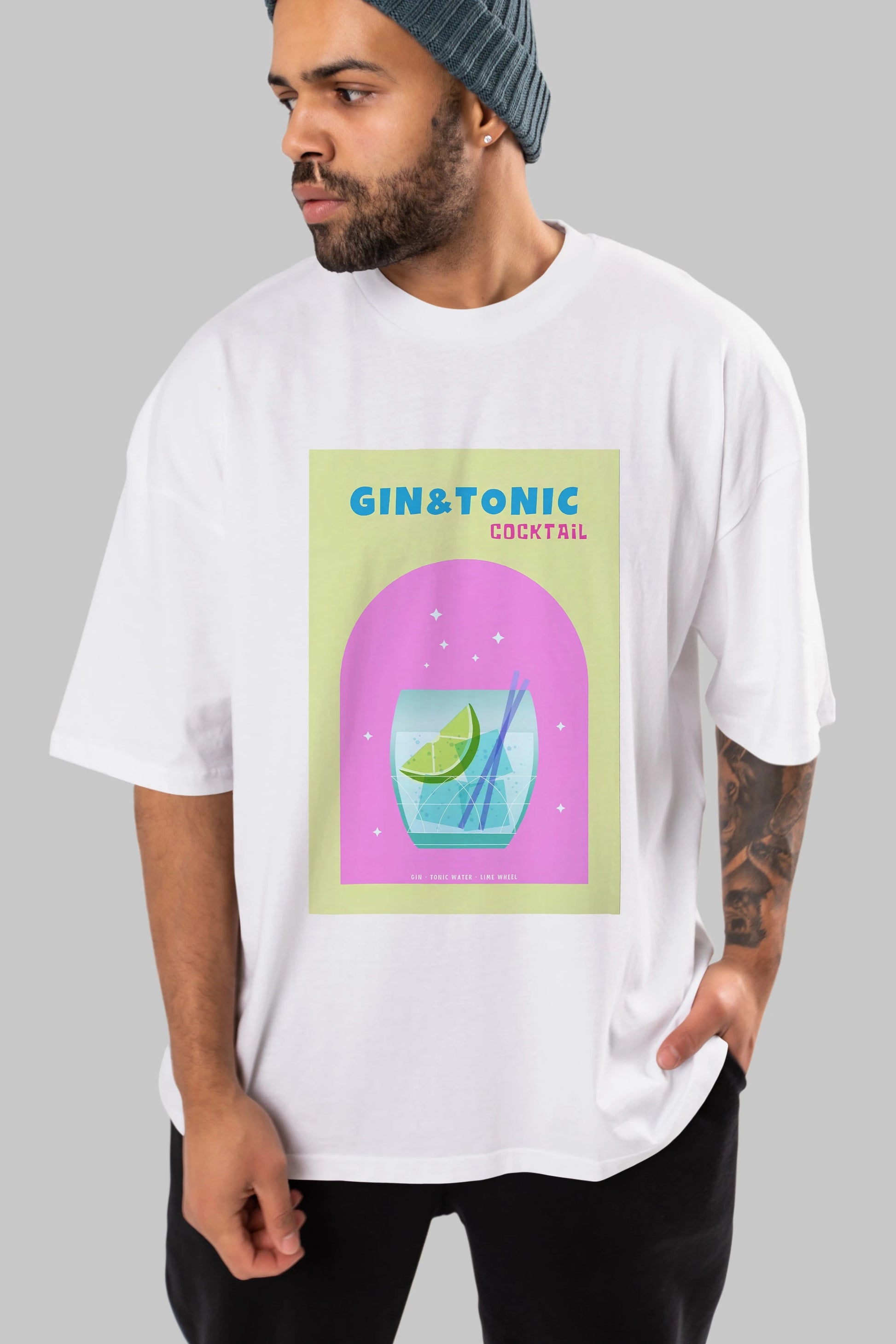 Gin Tonic Cocktail Ön Baskılı Oversize t-shirt Erkek Kadın Unisex %100 Pamuk Bisiklet Yaka tişort
