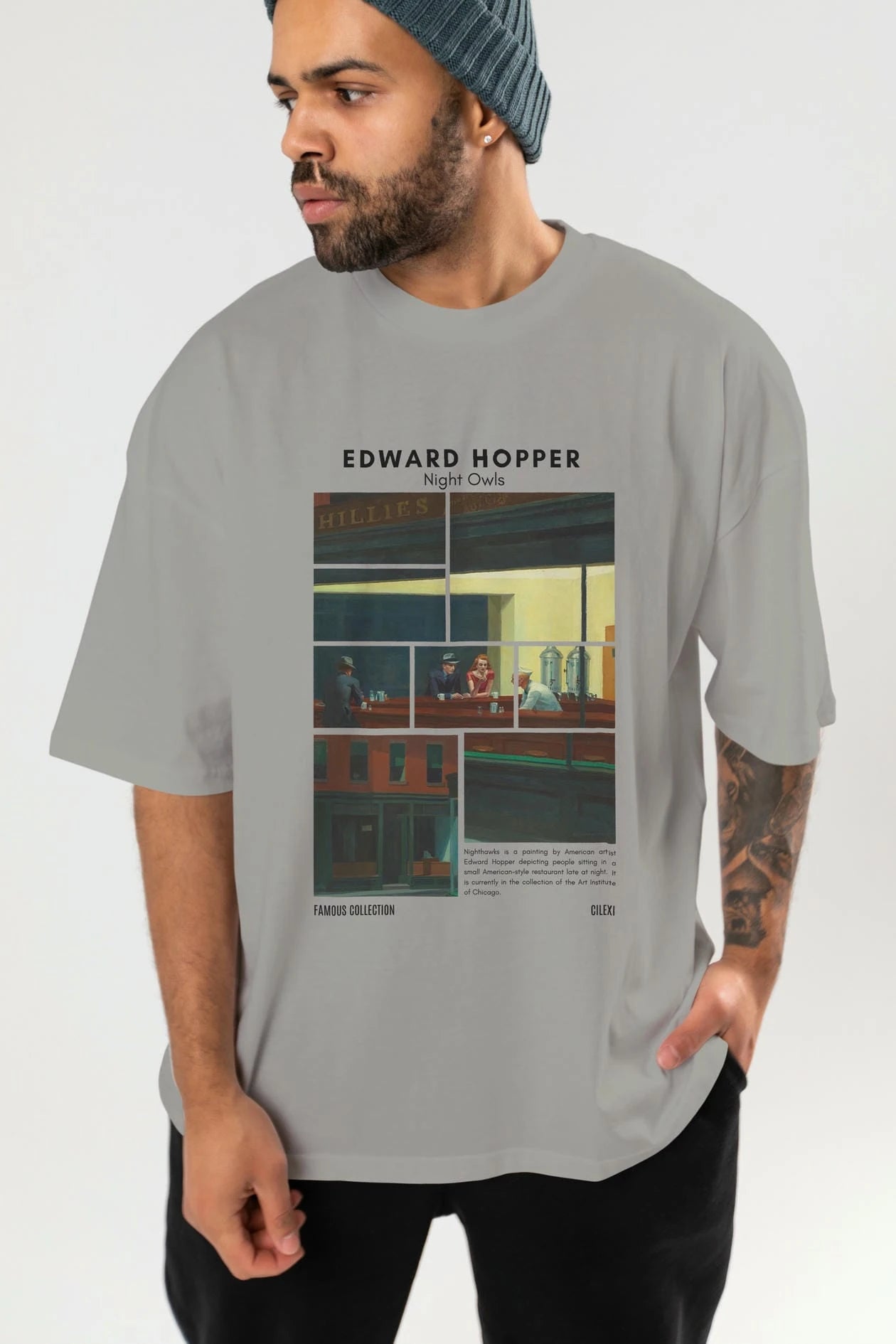 Edward Hopper Night Owls ön Baskılı Oversize t-shirt Erkek Kadın Bisiklet Yaka Pamuk tişort