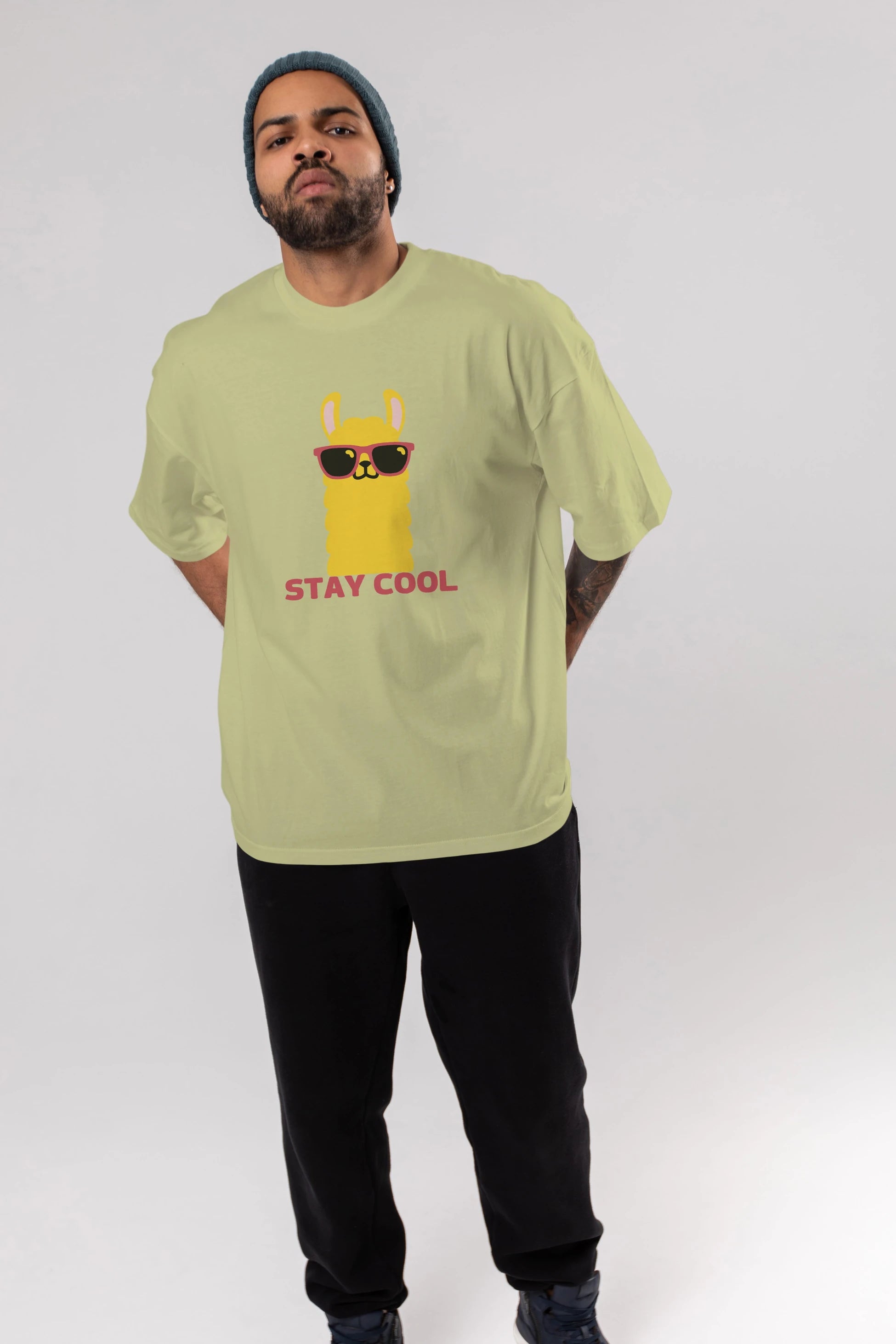 Stay Cool Yazılı Lama Ön Baskılı Oversize t-shirt Erkek Kadın Unisex