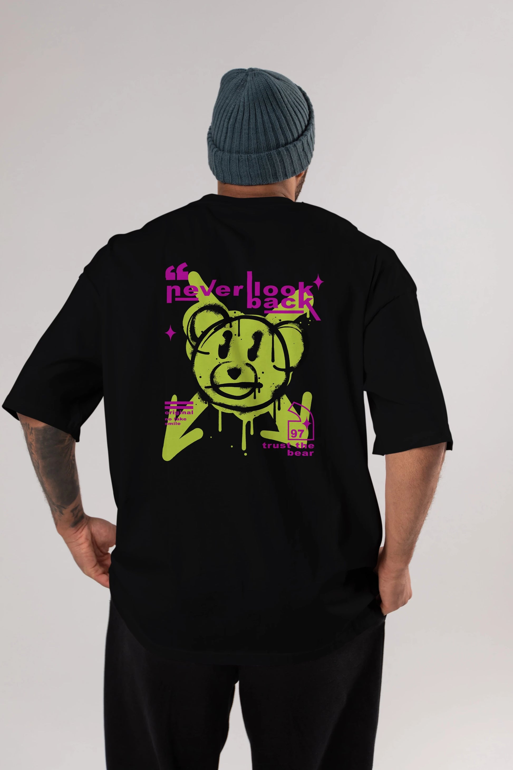 Never Look Back Bear Arka Baskılı Oversize t-shirt Erkek Kadın Unisex