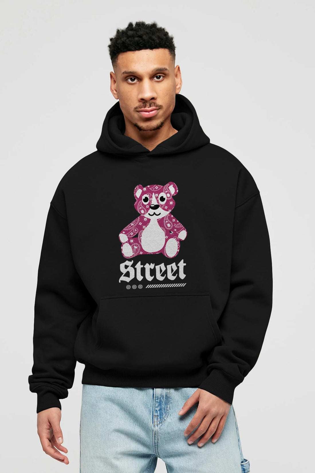 Street Bear Ön Baskılı Hoodie Oversize Kapüşonlu Sweatshirt Erkek Kadın Unisex
