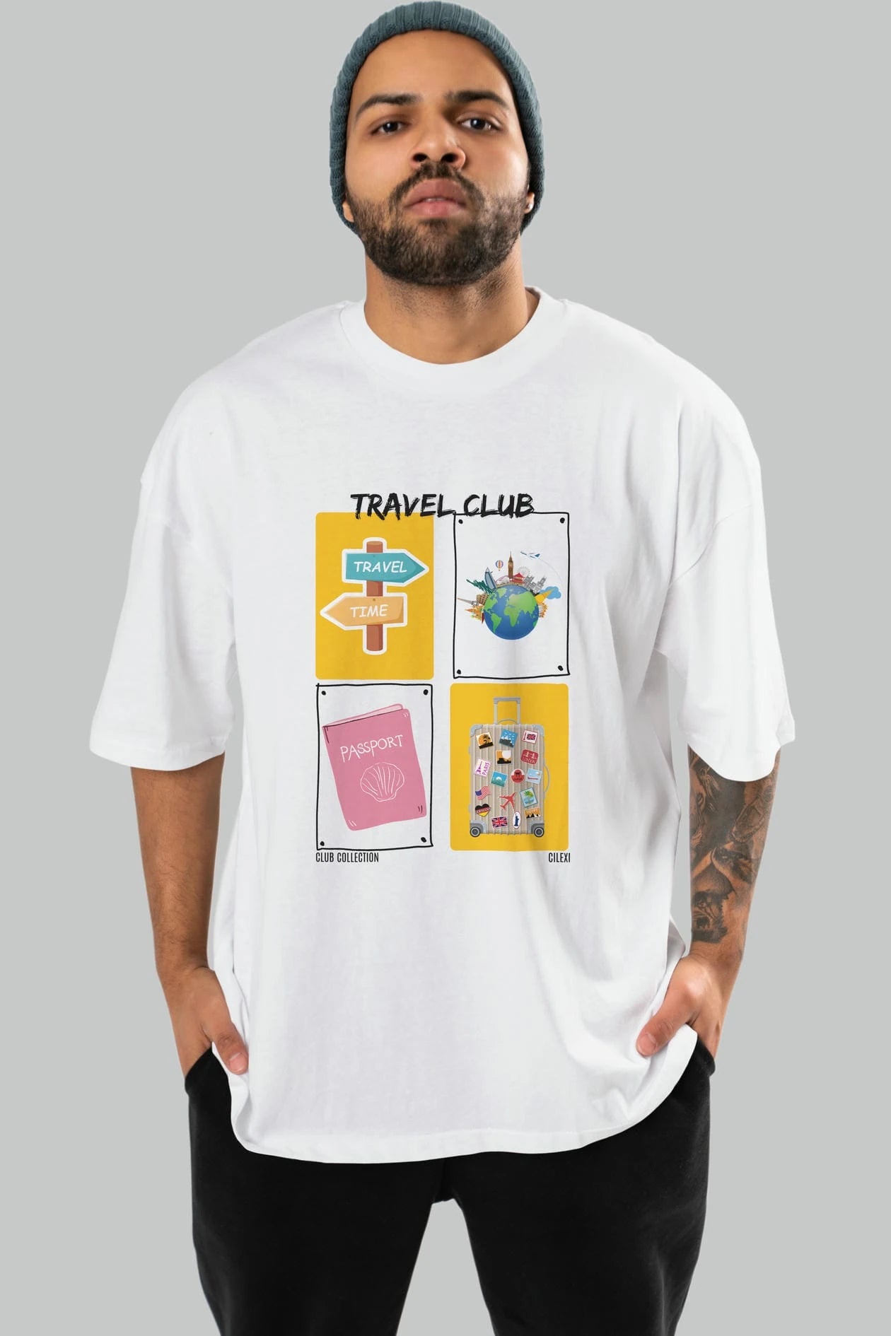 Travel Club ön Baskılı Oversize t-shirt Erkek Kadın %100 Pamuk Bisiklet Yaka tişort