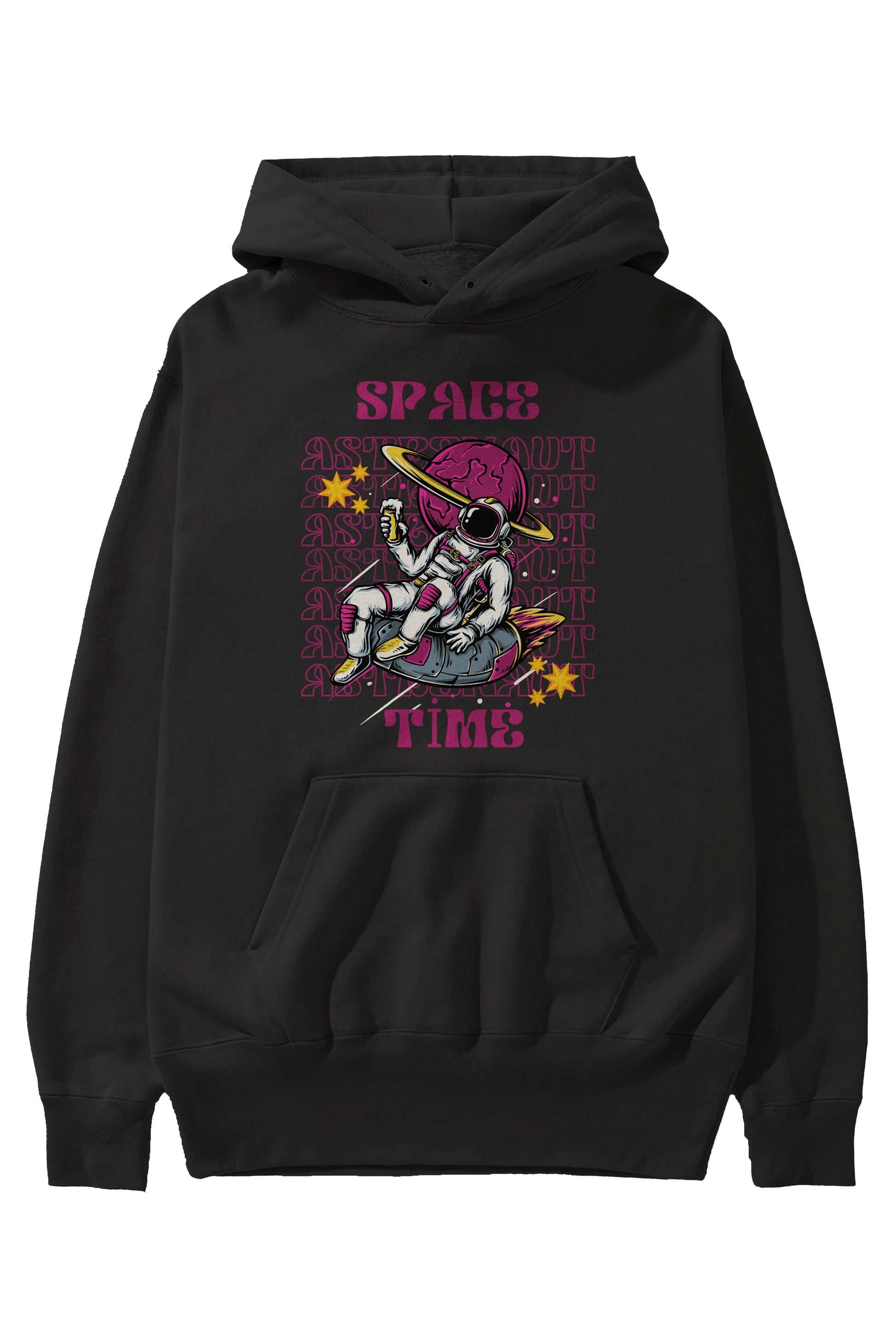 Space Time Astronaut Yazılı Ön Baskılı Oversize Hoodie Kapüşonlu Sweatshirt Erkek Kadın Unisex
