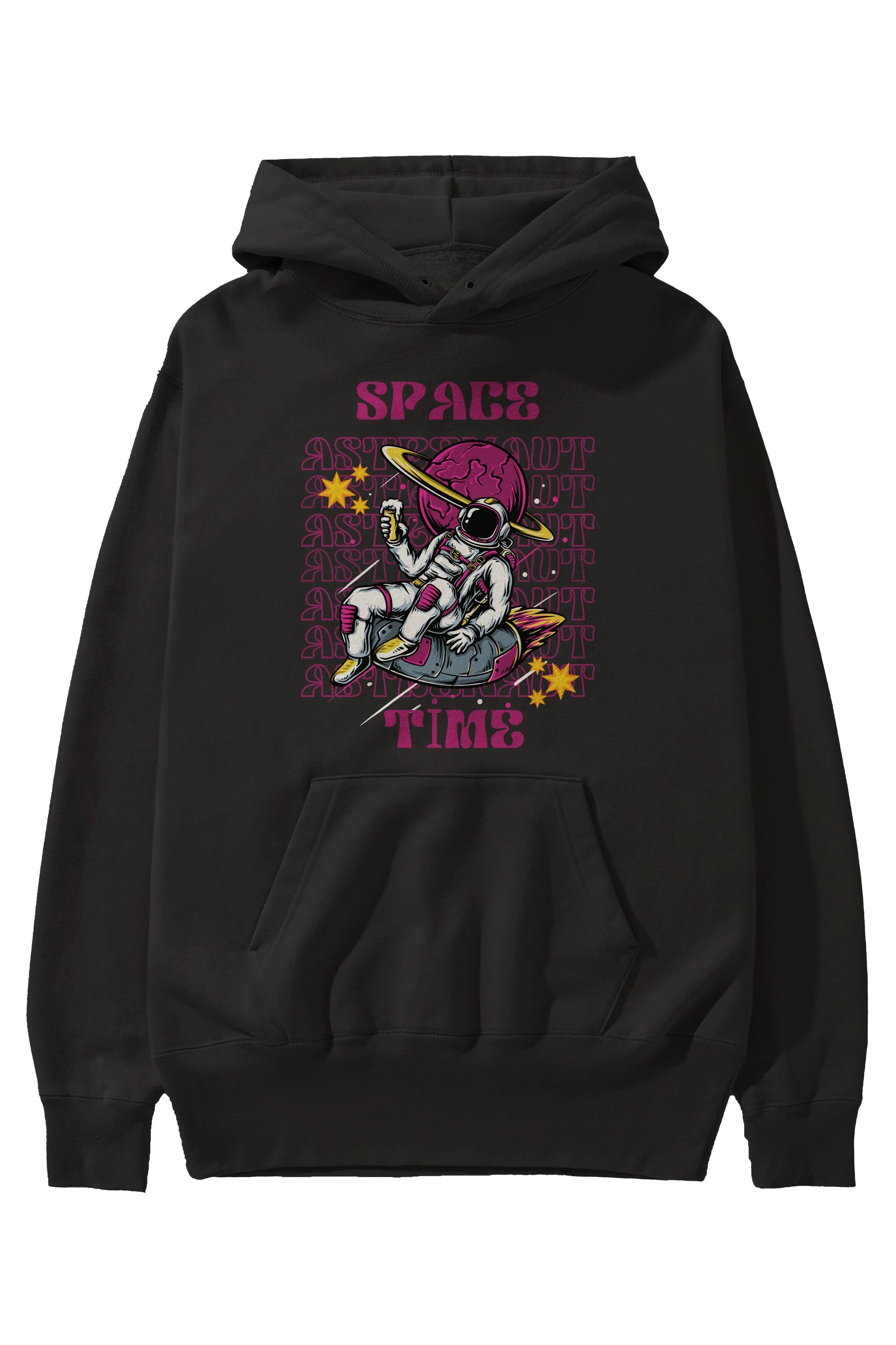 Space Time Astronaut Yazılı Ön Baskılı Oversize Hoodie Kapüşonlu Sweatshirt Erkek Kadın Unisex