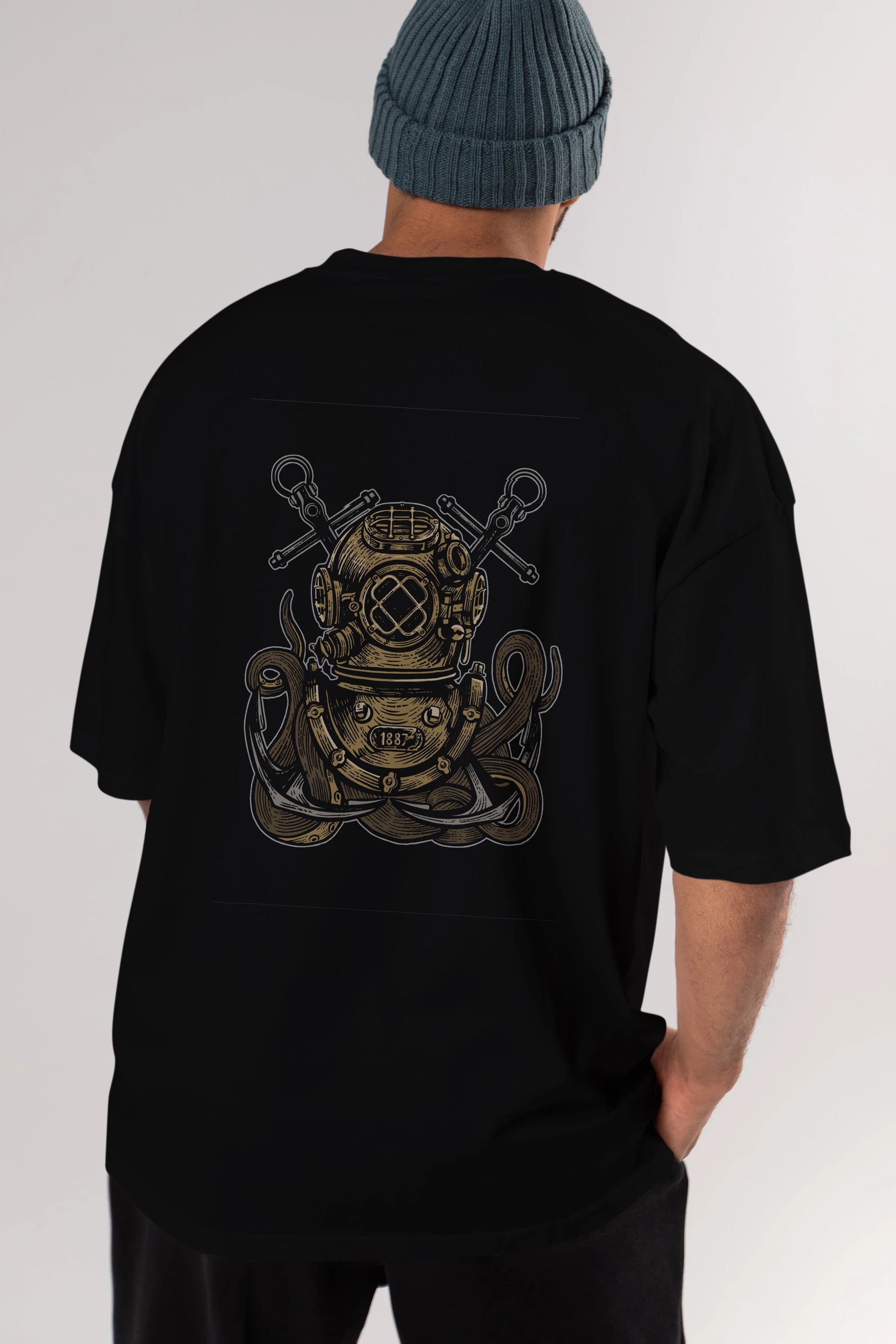 Diver Octopus Arka Baskılı Oversize t-shirt Erkek Kadın Unisex %100 Pamuk