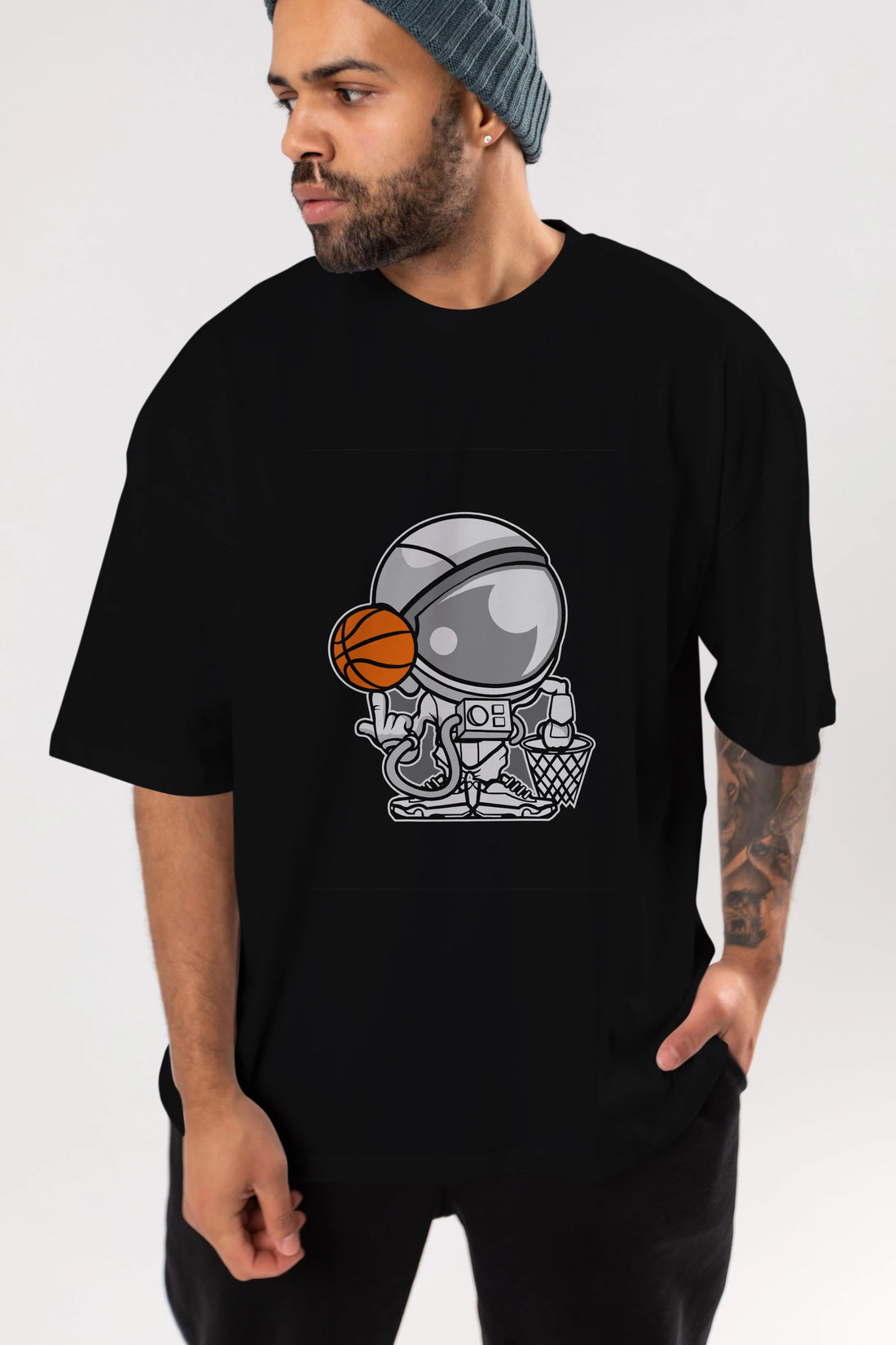 Astronaut Basketball Ön Baskılı Oversize t-shirt Erkek Kadın Unisex %100 Pamuk tişort