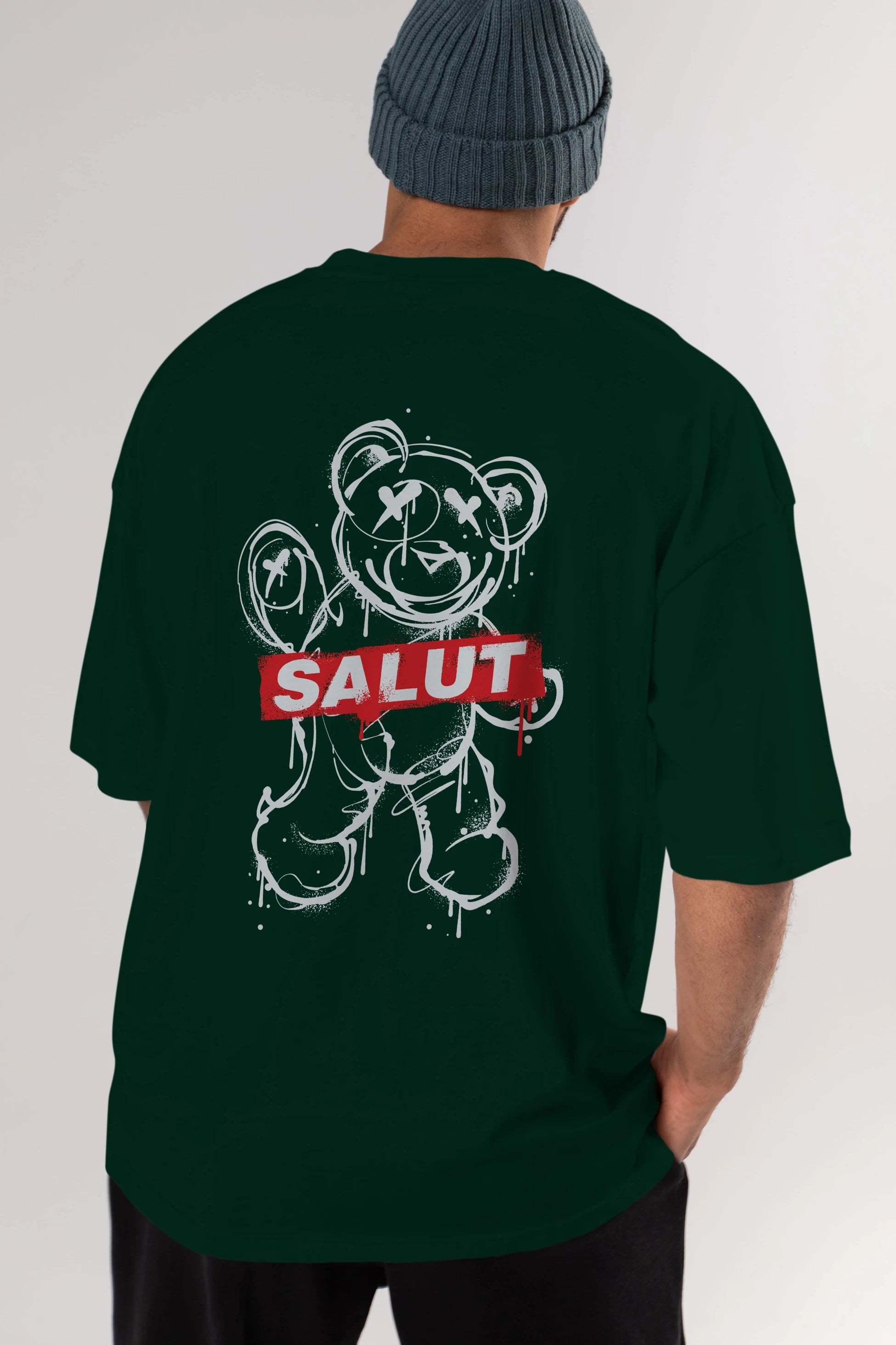 Teddy Bear Salut Arka Baskılı Oversize t-shirt Erkek Kadın Unisex