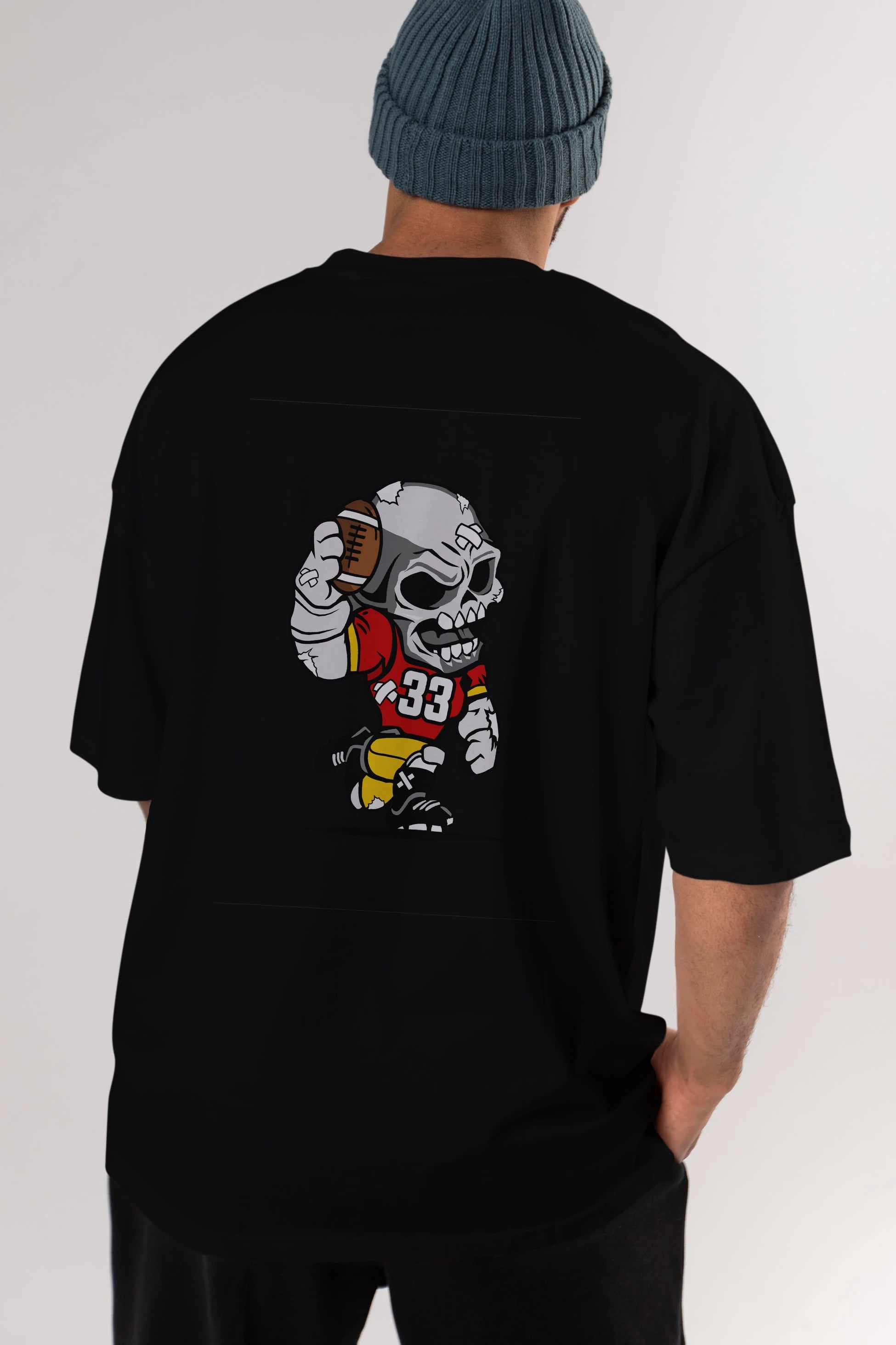 Skull Football Player Arka Baskılı Oversize t-shirt Erkek Kadın Unisex %100 Pamuk tişort