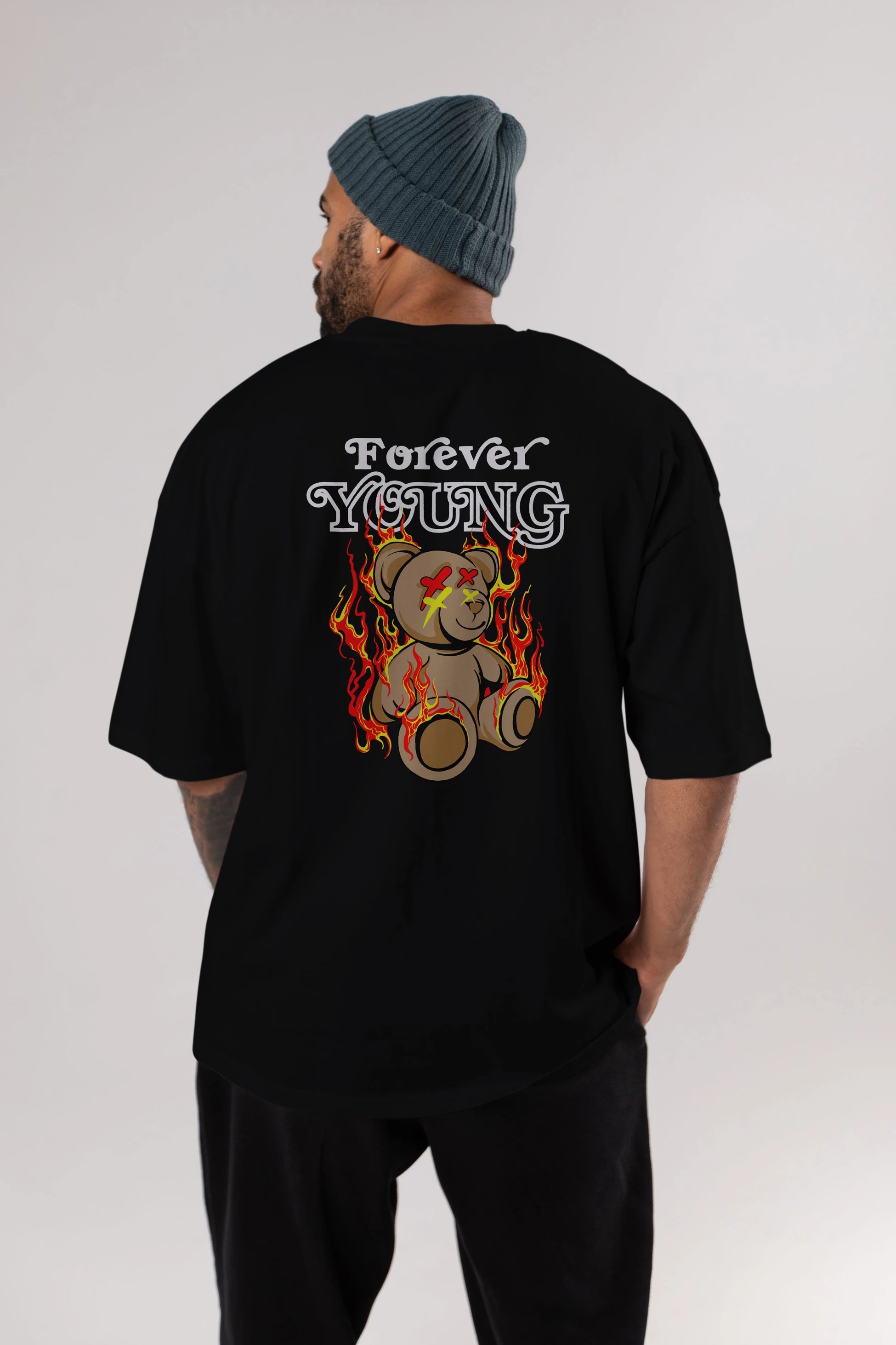 Forever Young Bear Arka Baskılı Oversize t-shirt Erkek Kadın Unisex