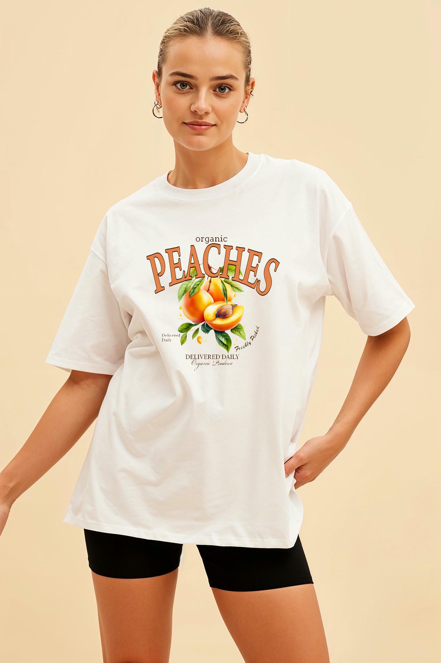 Peaches Ön Baskılı Oversize t-shirt Erkek Kadın Pamuk Bisiklet Yaka tişort