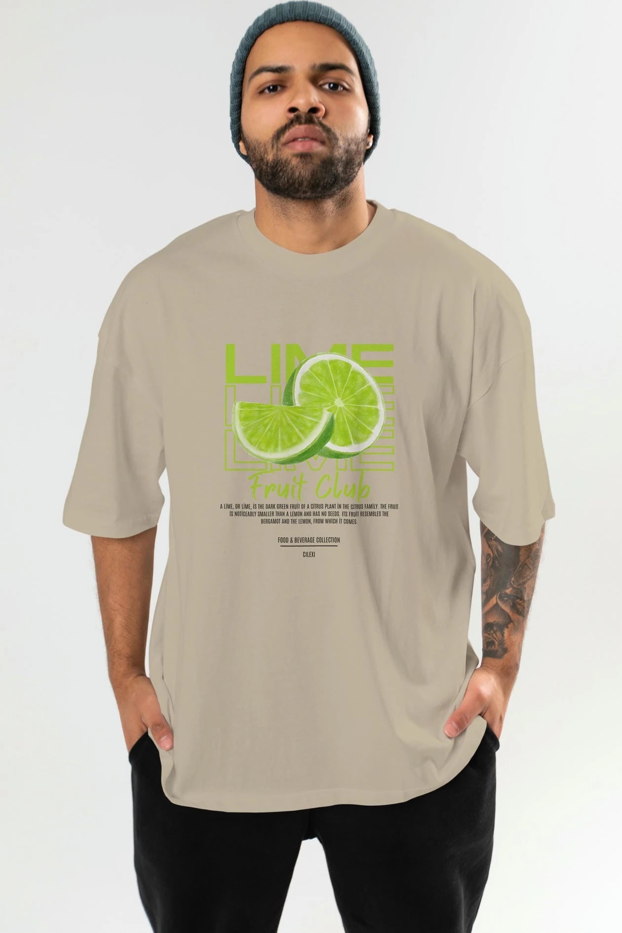 Lime Ön Baskılı Oversize t-shirt Erkek Kadın Pamuk Bisiklet Yaka tişort