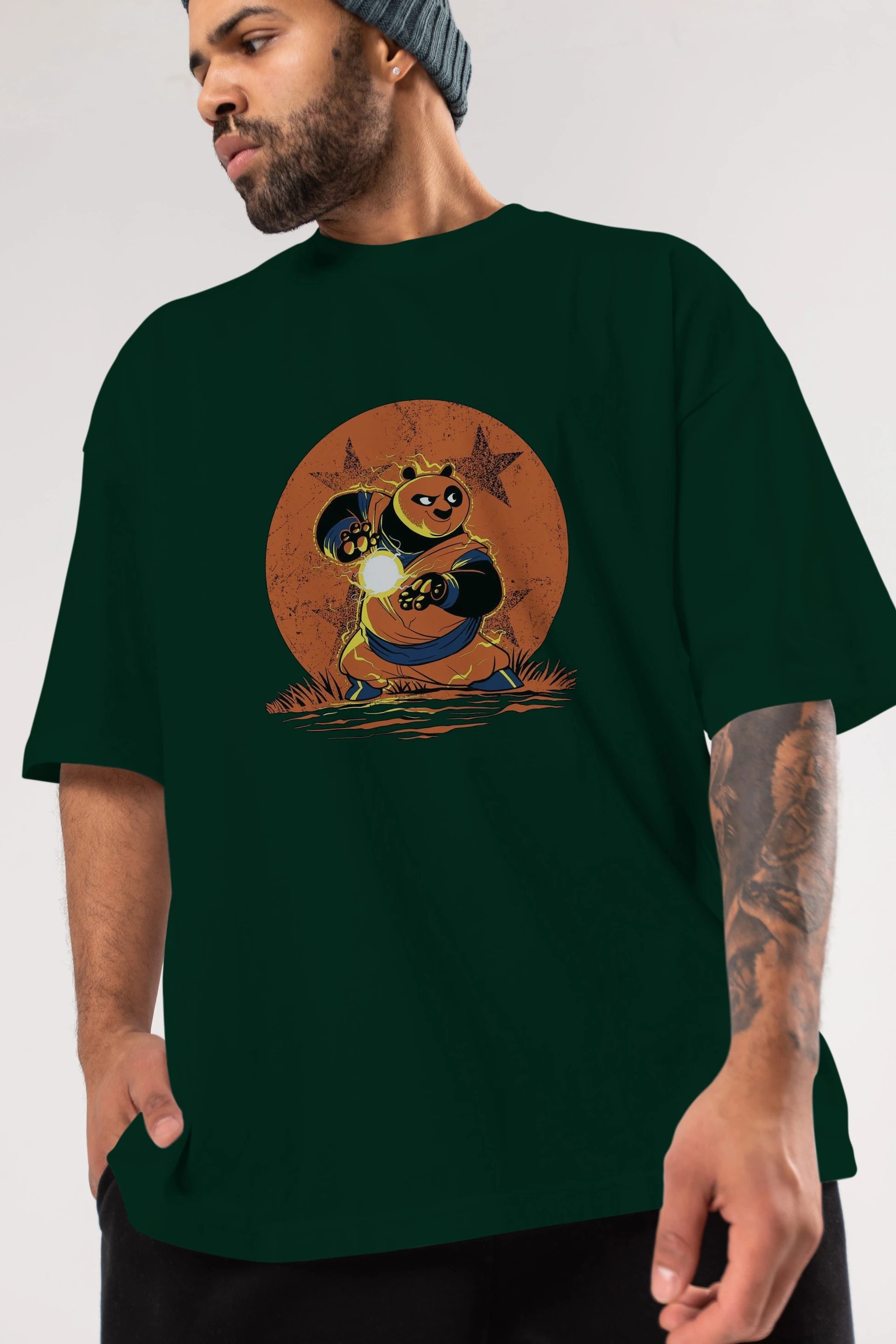 Kung Fu Panda Ön Baskılı Oversize t-shirt Erkek Kadın Unisex %100 Pamuk Bisiklet Yaka tişort