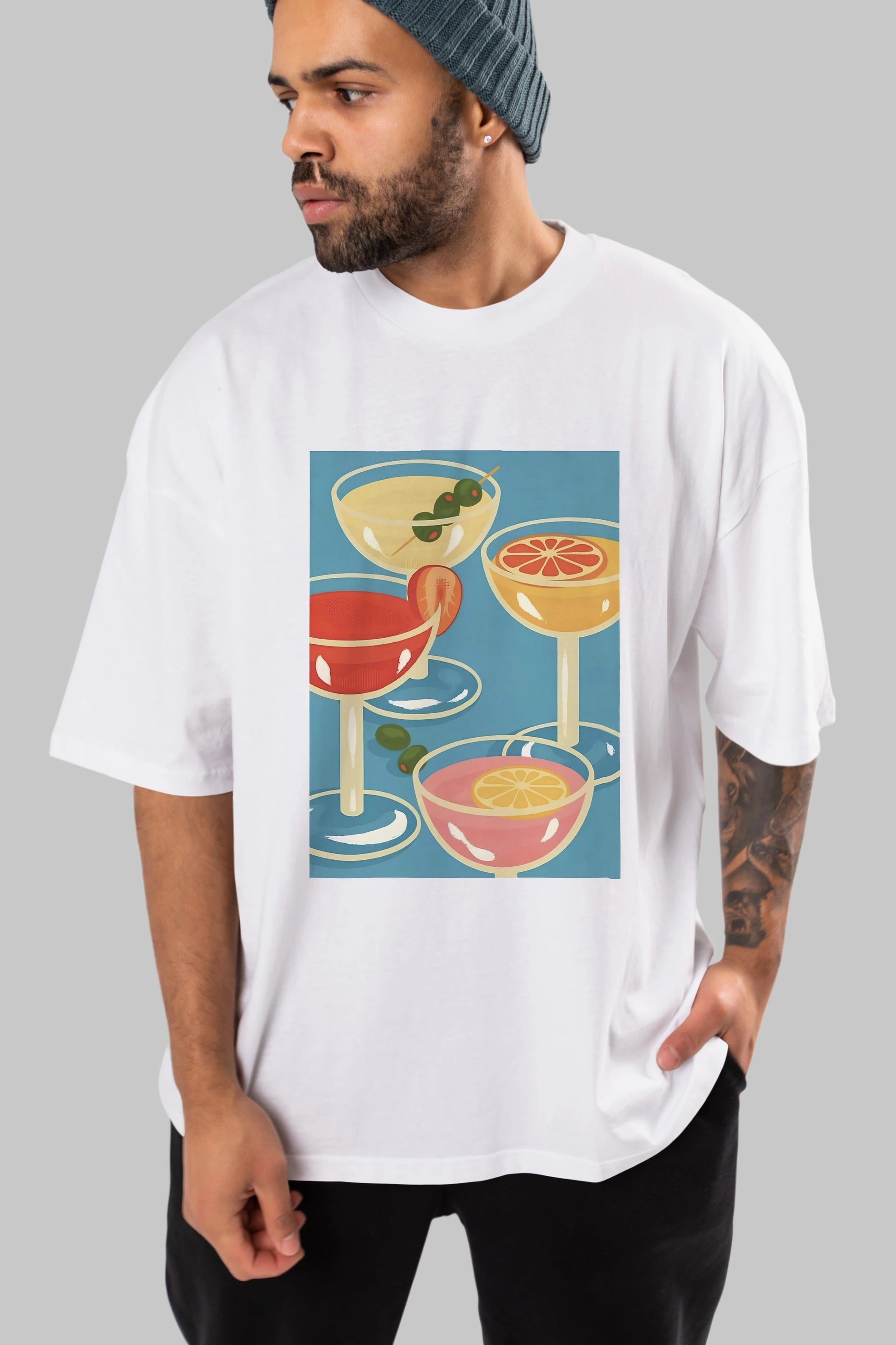 Cocktails Ön Baskılı Oversize t-shirt Erkek Kadın Unisex %100 Pamuk Bisiklet Yaka tişort