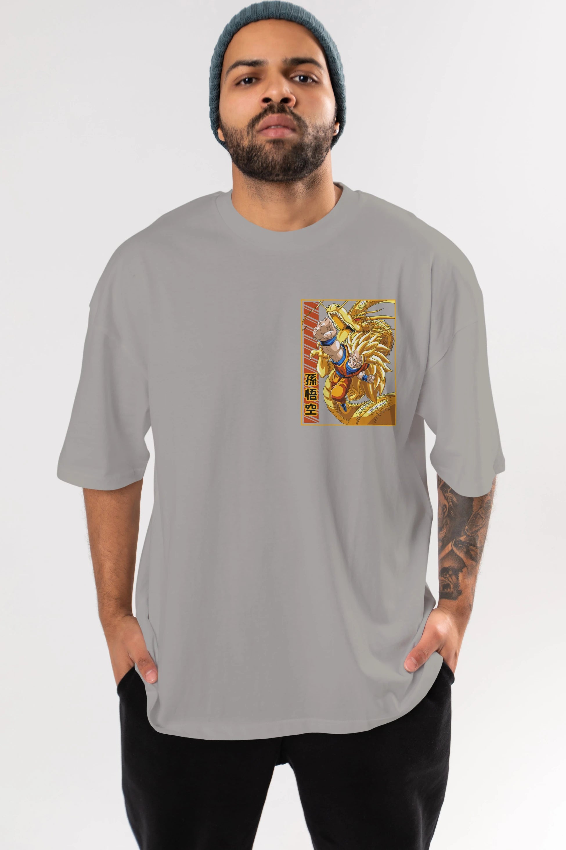 DragonBall Goku Ön Sol Baskılı Oversize t-shirt Erkek Kadın Unisex %100 Pamuk Bisiklet Yaka tişort