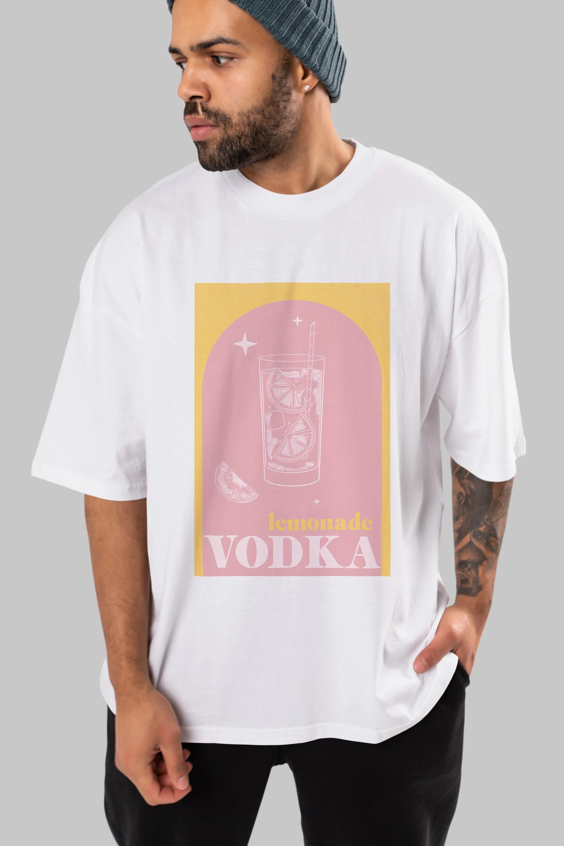 Vodka Limon Ön Baskılı Oversize t-shirt Erkek Kadın Unisex %100 Pamuk Bisiklet Yaka tişort