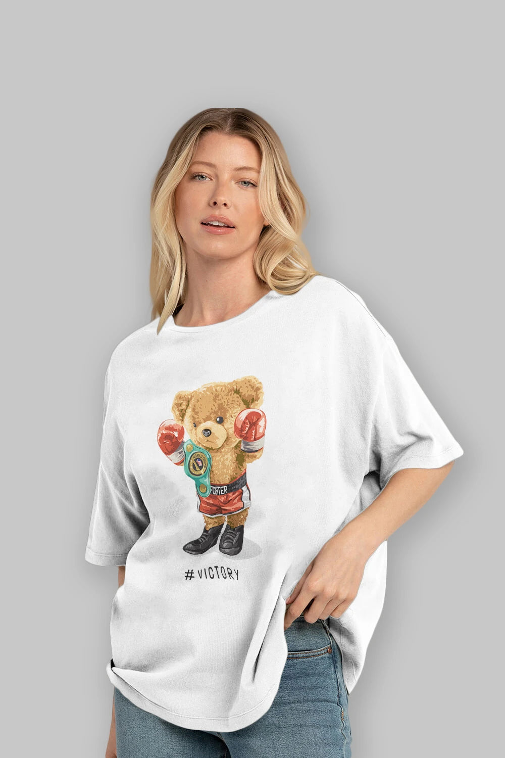 Teddy Bear Victory Ön Baskılı Oversize t-shirt Erkek Kadın Unisex %100 Pamuk