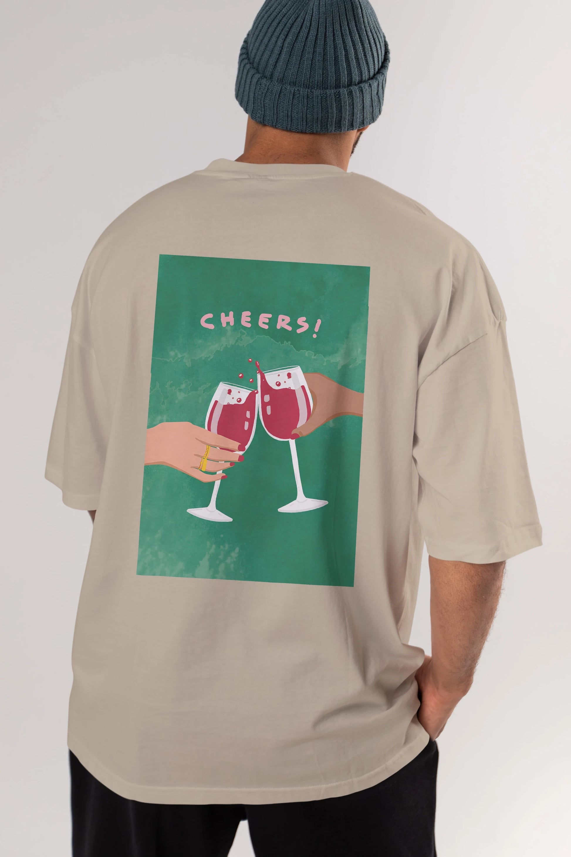 Cheers Arka Baskılı Oversize t-shirt Erkek Kadın Unisex %100 Pamuk Bisiklet Yaka tişort