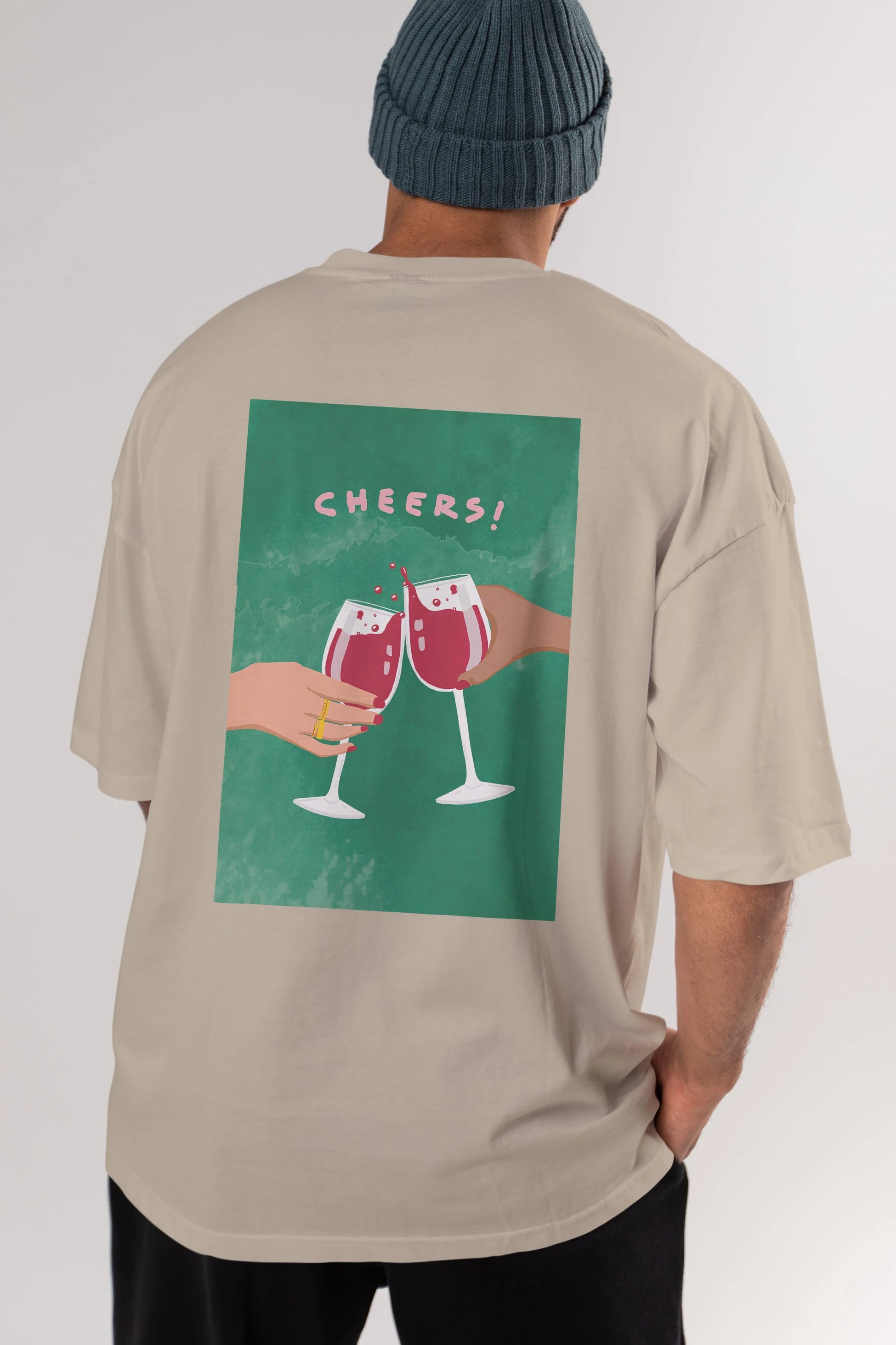 Cheers Arka Baskılı Oversize t-shirt Erkek Kadın Unisex %100 Pamuk Bisiklet Yaka tişort