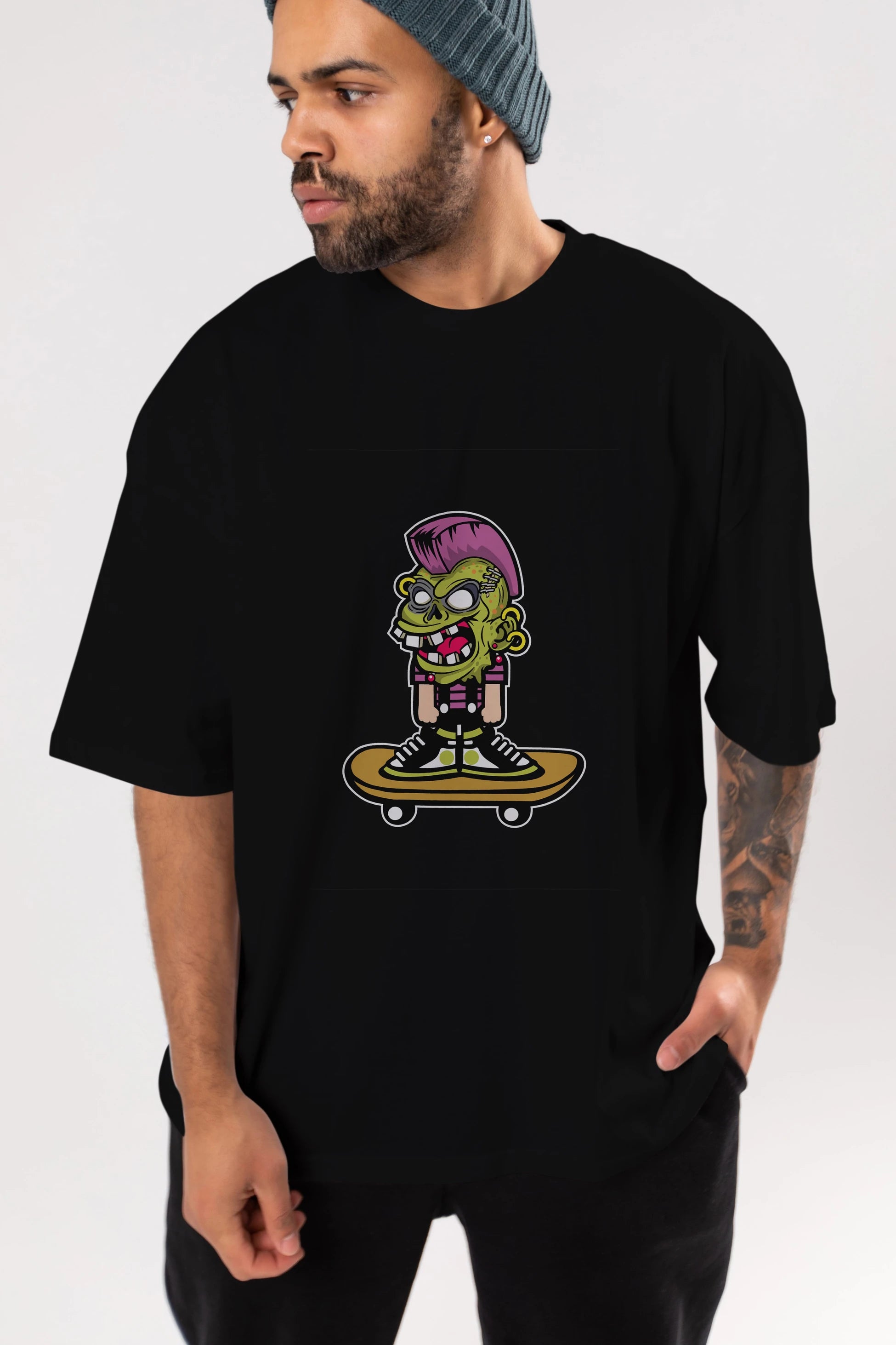 Zombie Punk Skater Ön Baskılı Oversize t-shirt Erkek Kadın Unisex %100 Pamuk tişort