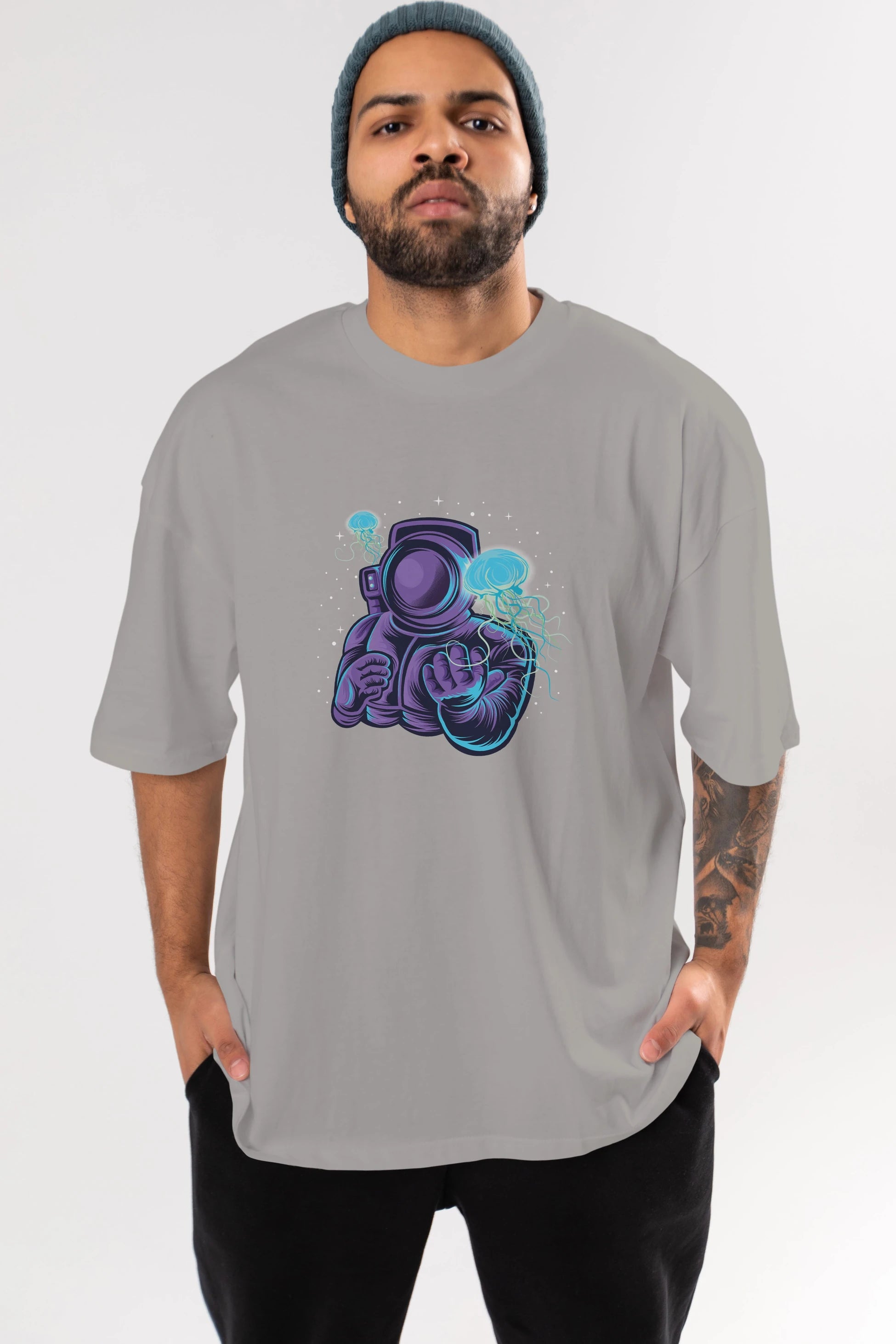 Astronaut and Jellyfish Ön Baskılı Oversize t-shirt Erkek Kadın Unisex