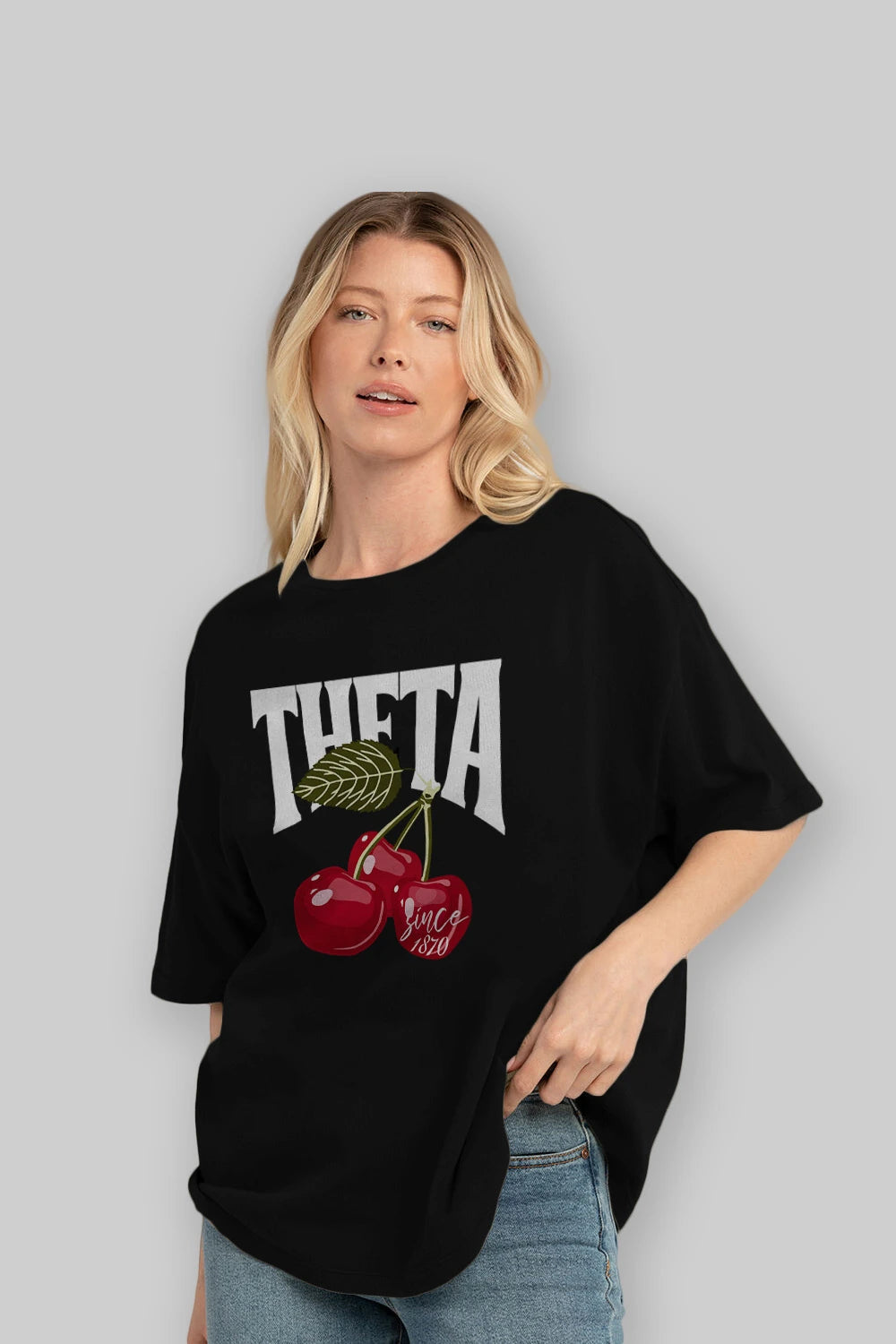 Theta Cherry Cherries Ön Baskılı Oversize t-shirt Erkek Kadın Pamuk Bisiklet Yaka tişort