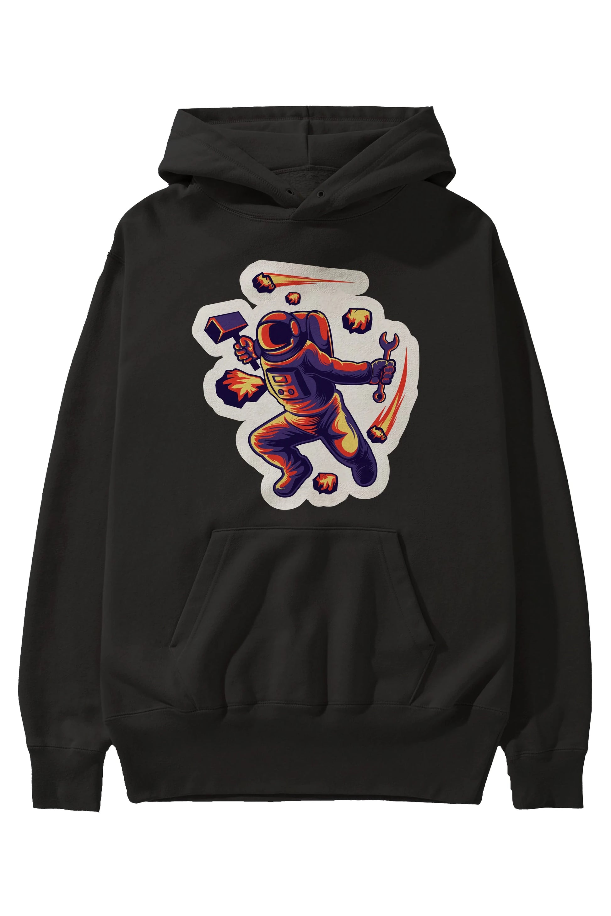 Astronaut Block Meteor Sticker Ön Baskılı Hoodie Oversize Kapüşonlu Sweatshirt Erkek Kadın Unisex