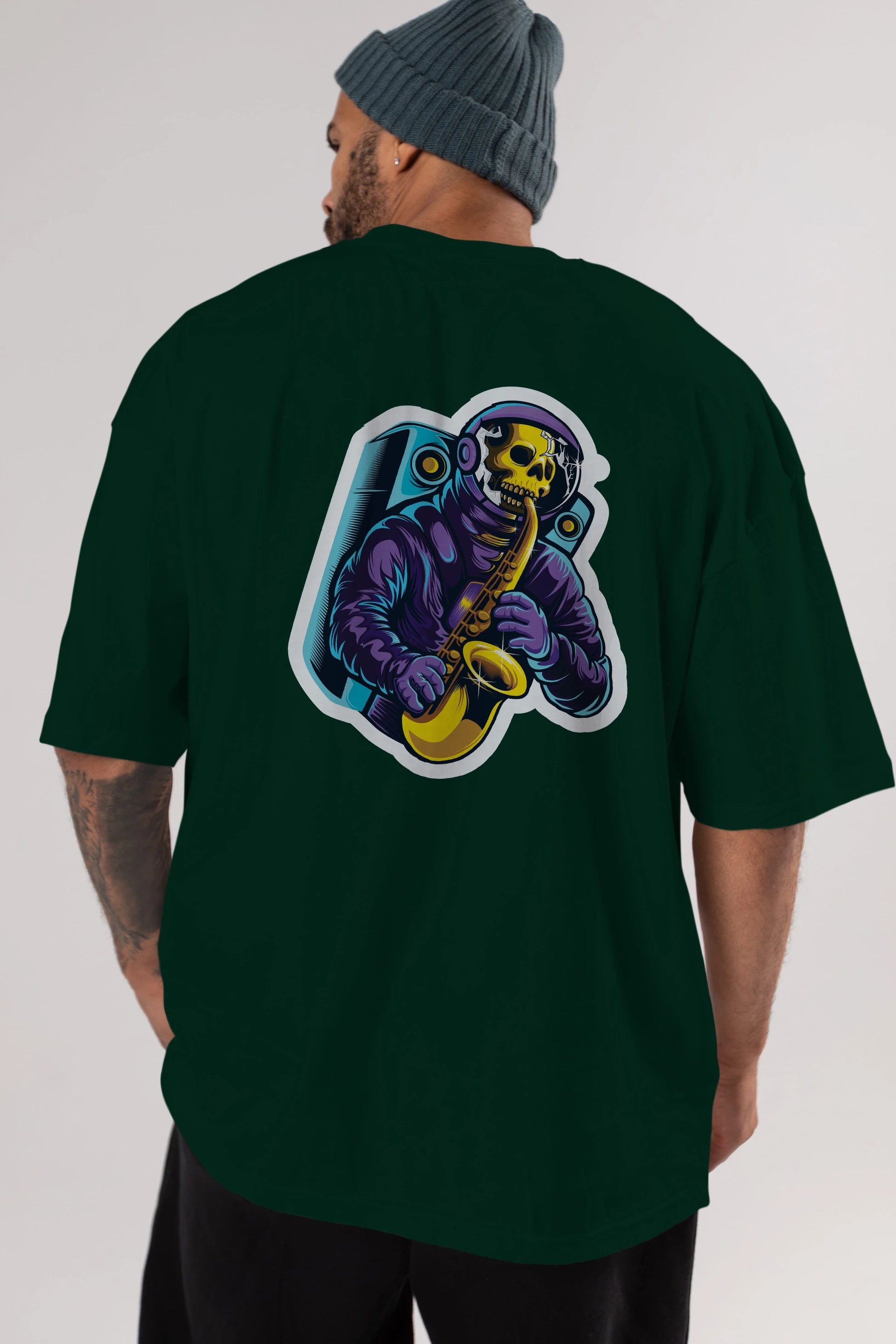 Astroskull Saxophonist Sticker Arka Baskılı Oversize t-shirt Erkek Kadın Unisex