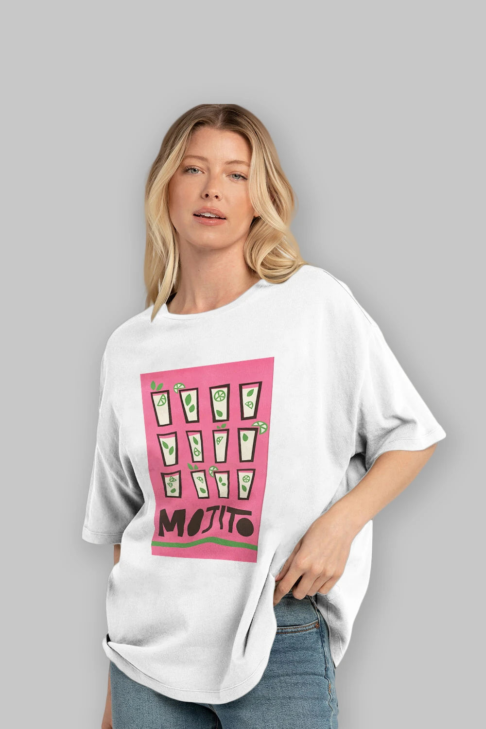 Mojito Ön Baskılı Oversize t-shirt Erkek Kadın Unisex %100 Pamuk Bisiklet Yaka tişort