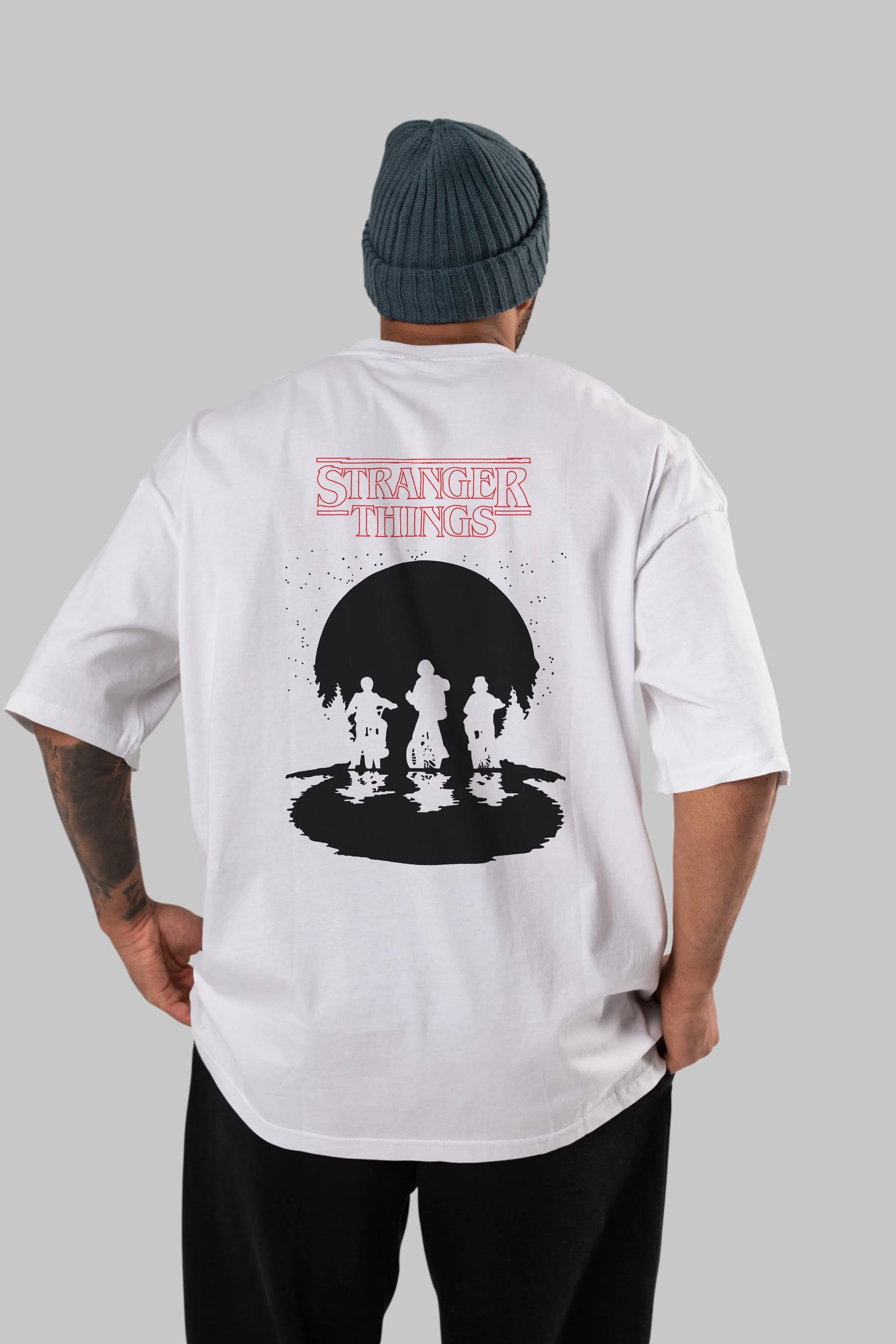 Stranger Things Arka Baskılı Oversize t-shirt Erkek Kadın Unisex %100 Pamuk Bisiklet Yaka tişort