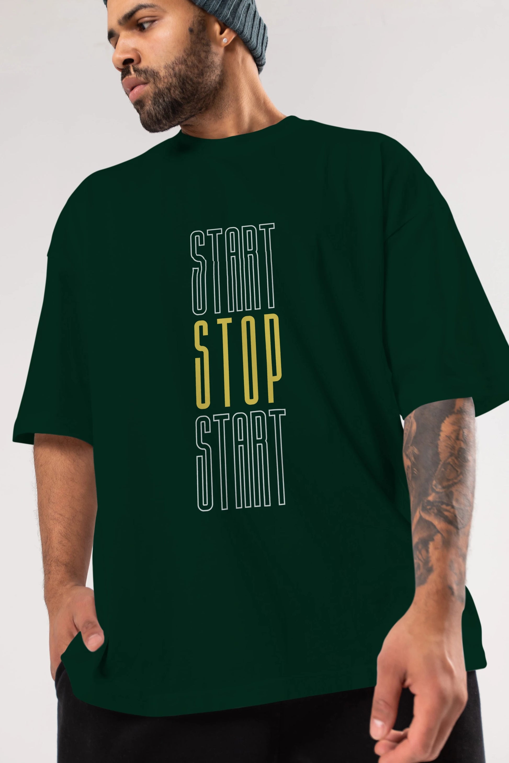 Start Stop Start Yazılı Ön Baskılı Oversize t-shirt Erkek Kadın Unisex