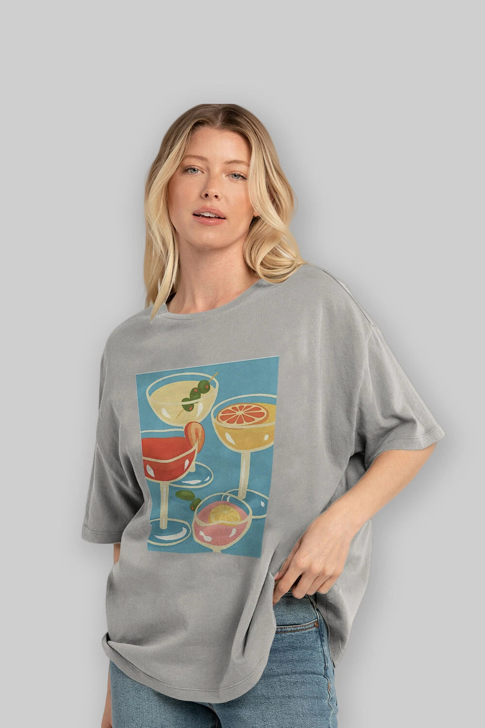 Cocktails Ön Baskılı Oversize t-shirt Erkek Kadın Unisex %100 Pamuk Bisiklet Yaka tişort