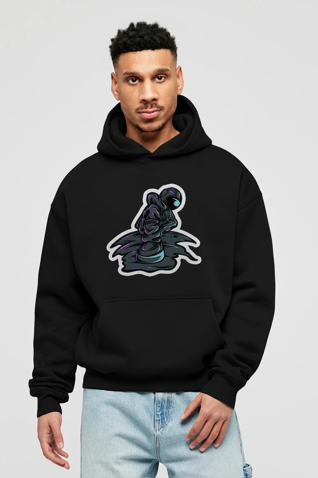 Stylish Astronaut Sticker Ön Baskılı Hoodie Oversize Kapüşonlu Sweatshirt Erkek Kadın Unisex