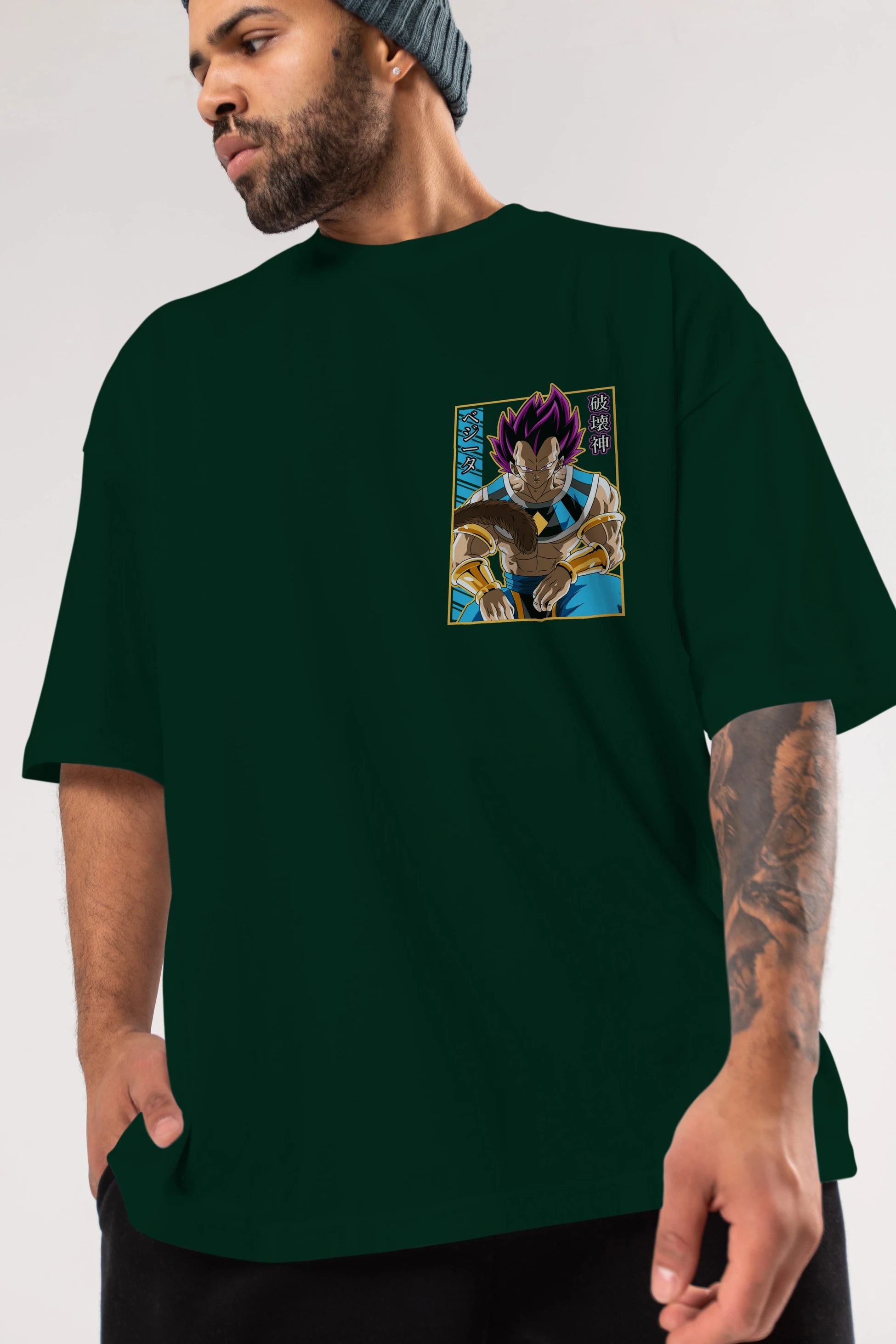 DragonBall VegetaHakaishin Ön Sol Baskılı Oversize t-shirt Erkek Kadın Unisex %100 Pamuk Bisiklet Yaka tişort