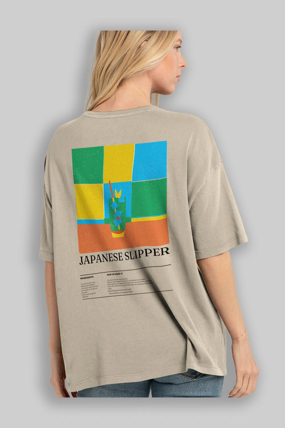 Japanese Slipper Kokteyl Serisi Arka Baskılı Oversize t-shirt Erkek Kadın %100 Pamuk Bisiklet Yaka tişort