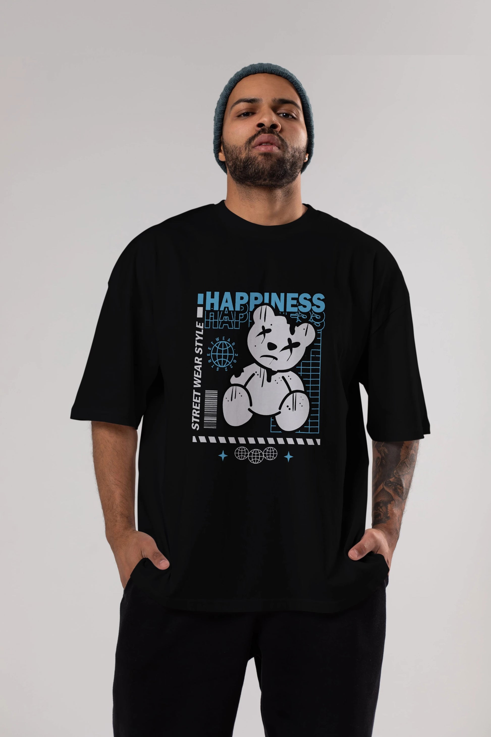 Happiness Bear 2 Ön Baskılı Oversize t-shirt Erkek Kadın Unisex