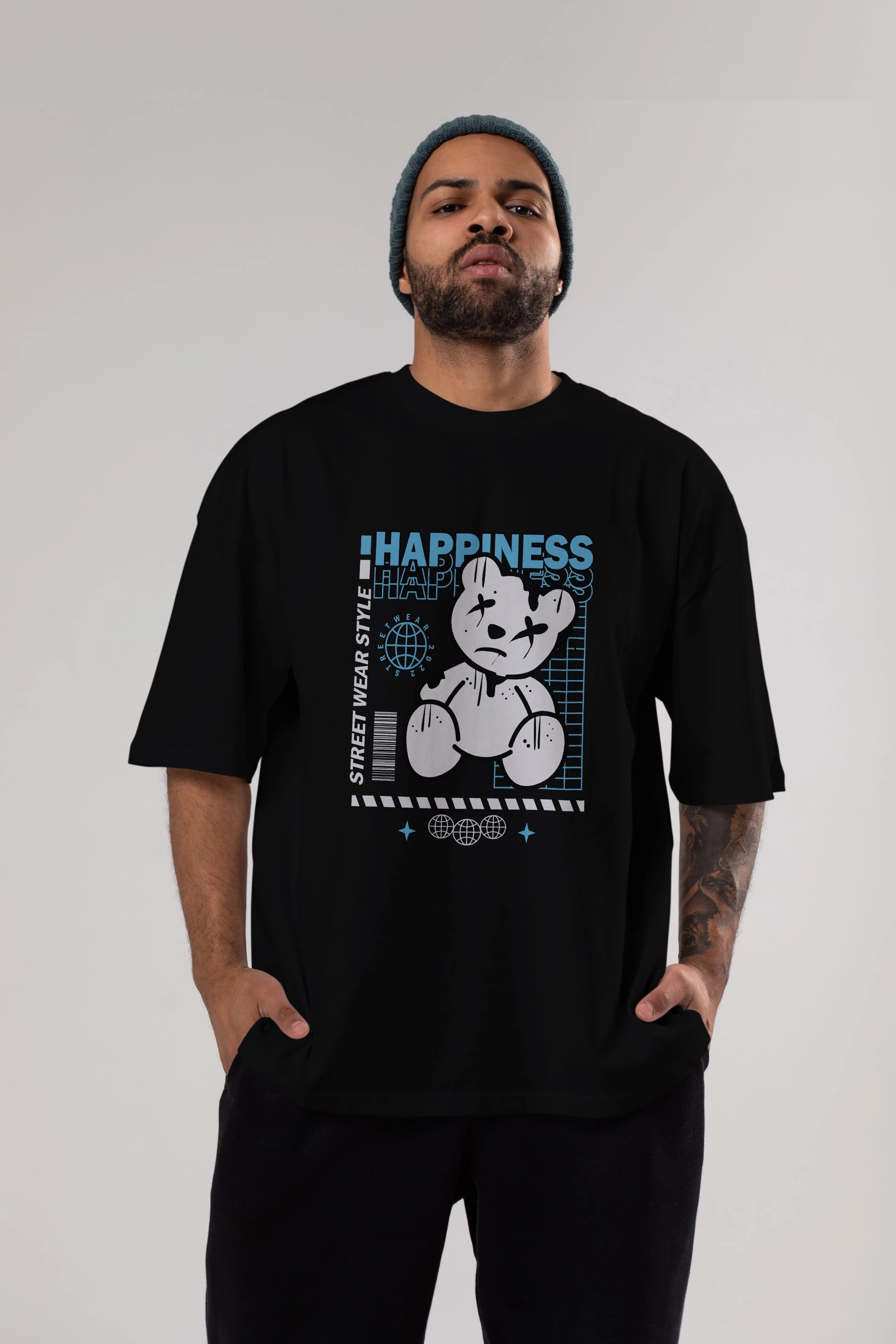 Happiness Bear 2 Ön Baskılı Oversize t-shirt Erkek Kadın Unisex