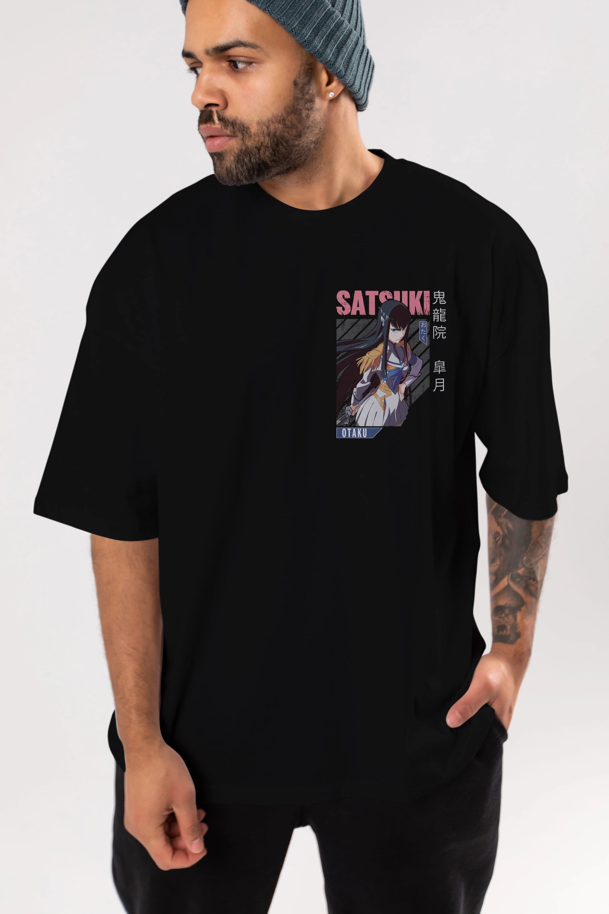 Satsuki Kiryuuin 8 Ön Sol Baskılı Oversize t-shirt Erkek Kadın Unisex %100 Pamuk Bisiklet Yaka tişort