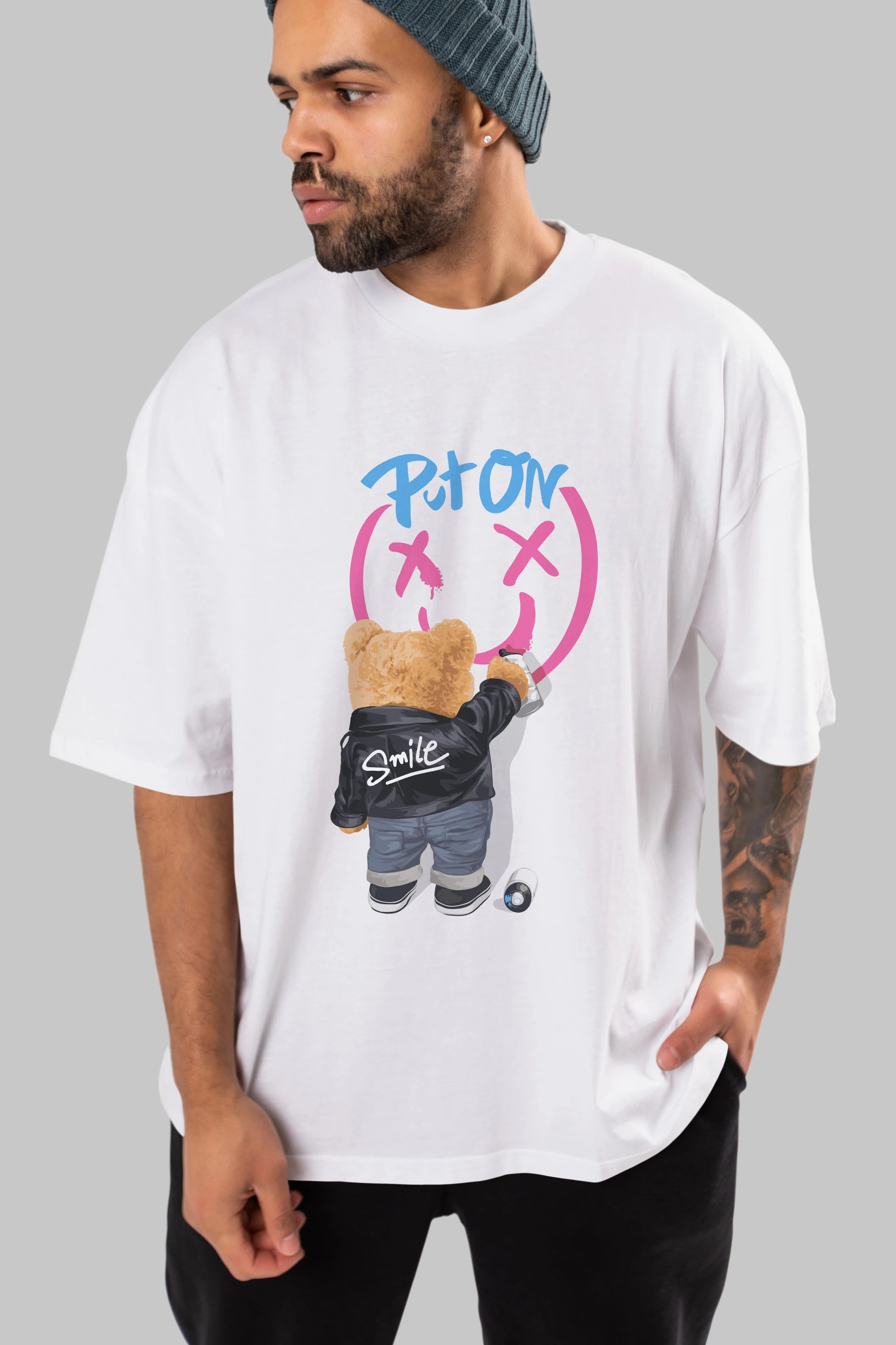 Put on Smile Bear Ön Baskılı Oversize t-shirt Erkek Kadın Unisex