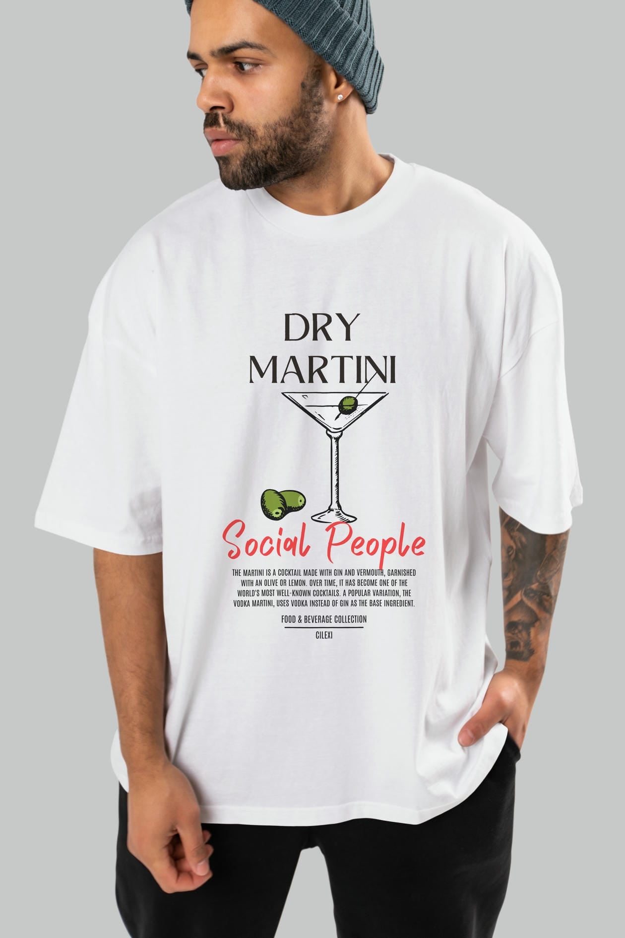 Dry Martını Kokteyl Serisi ön Baskılı Oversize t-shirt Erkek Kadın %100 Pamuk Bisiklet Yaka tişort