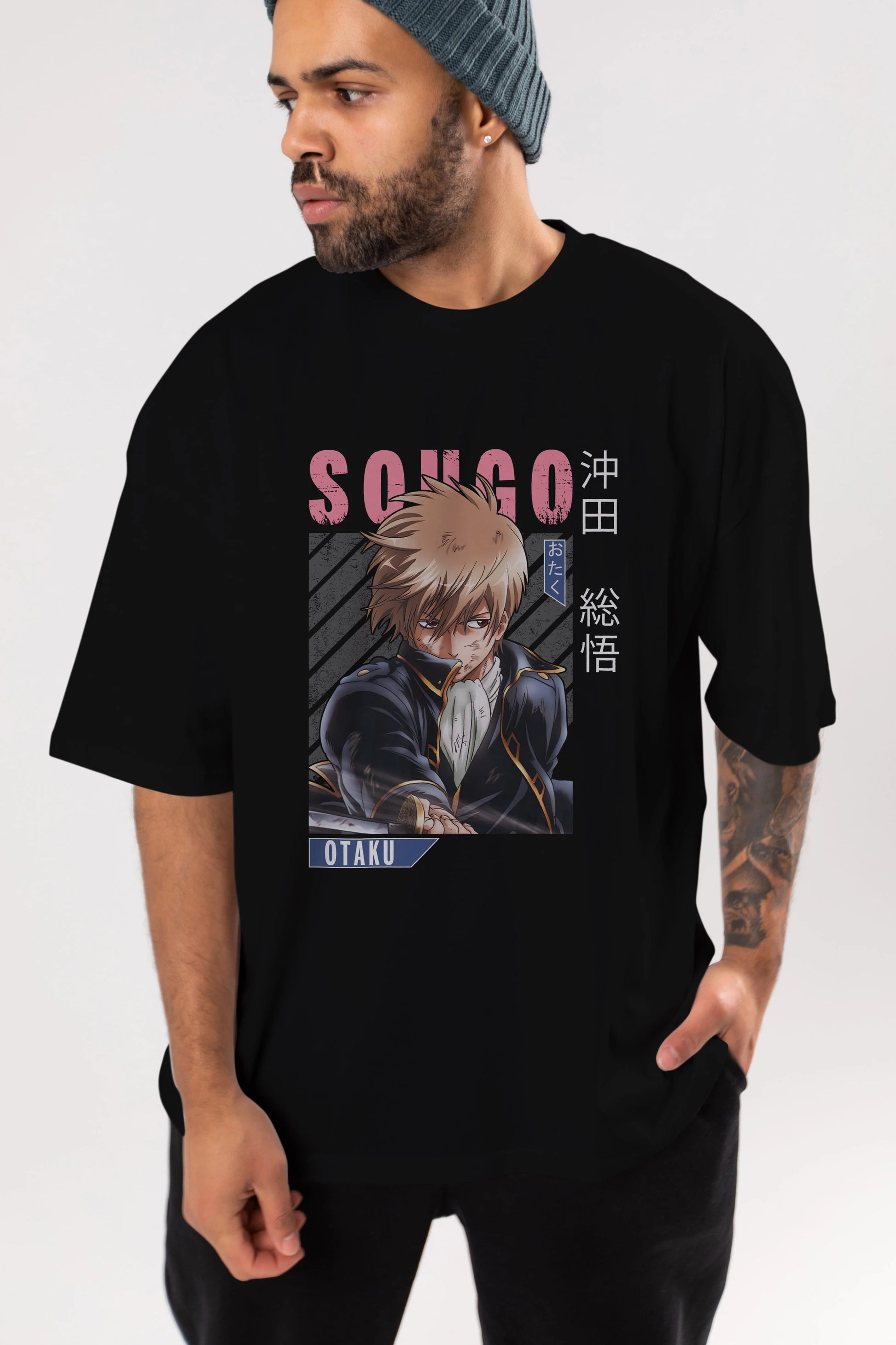Sougo Okita GINTAMA Anime Ön Baskılı Oversize t-shirt %100 pamuk Erkek Kadın Unisex