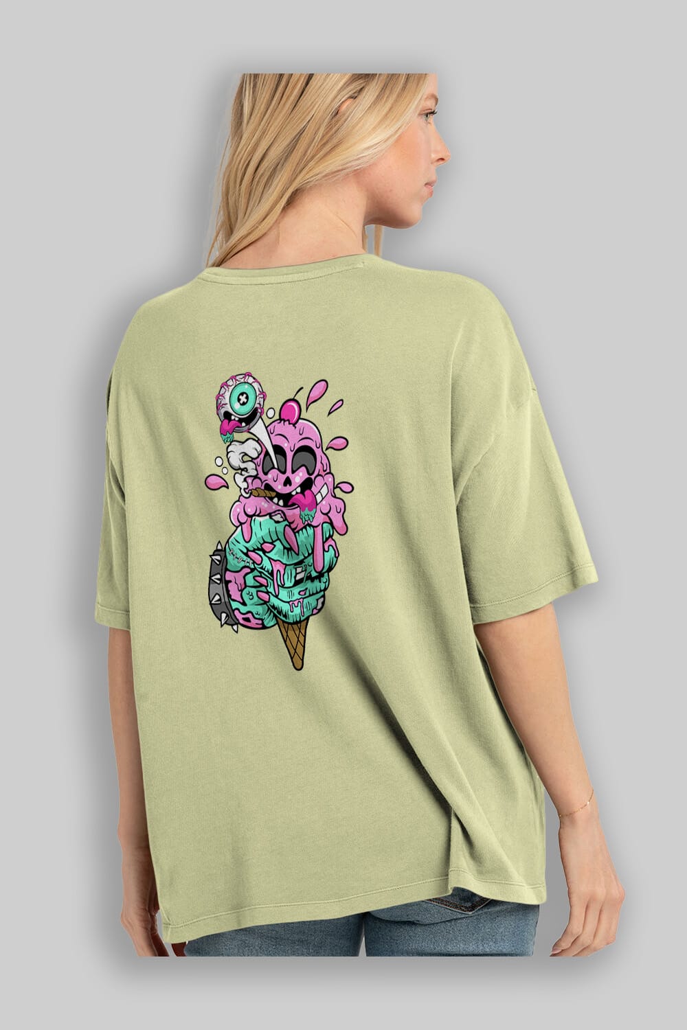 Ice Cream Zombie Arka Baskılı Oversize t-shirt Erkek Kadın Unisex %100 Pamuk tişort