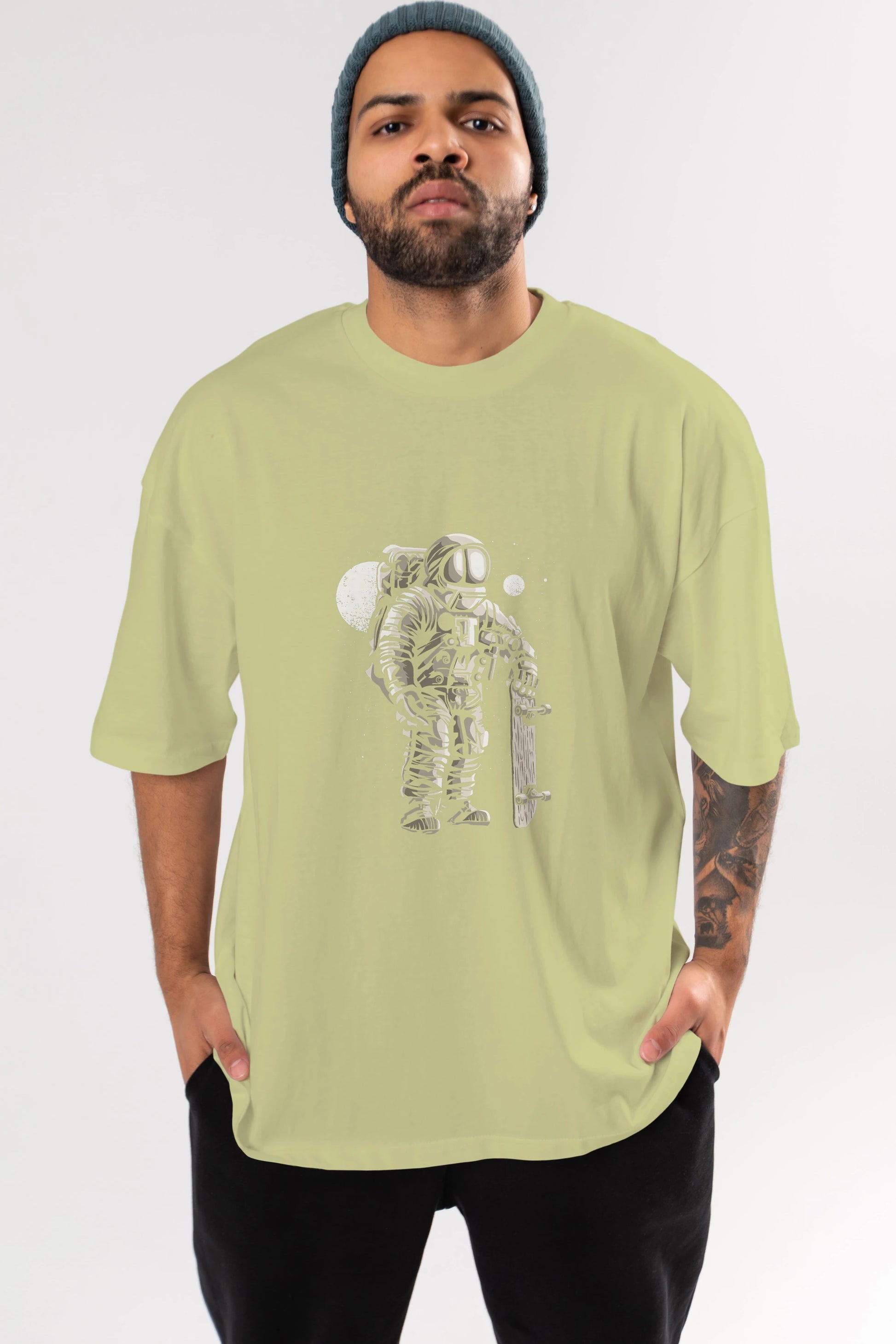Astronaut Skater Ön Baskılı Oversize t-shirt Erkek Kadın Unisex %100 Pamuk tişort
