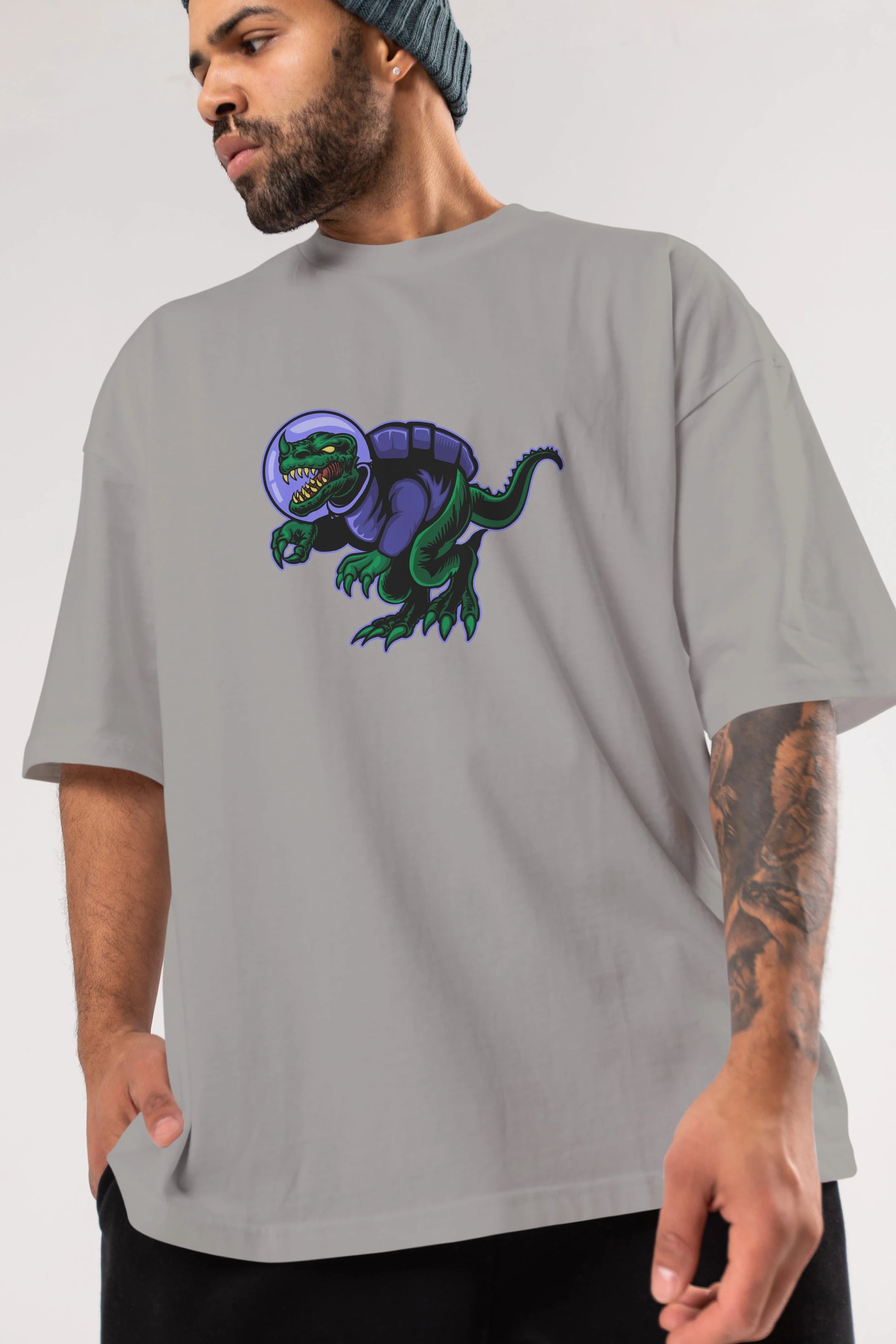 Space Dino Ön Baskılı Oversize t-shirt Erkek Kadın Unisex