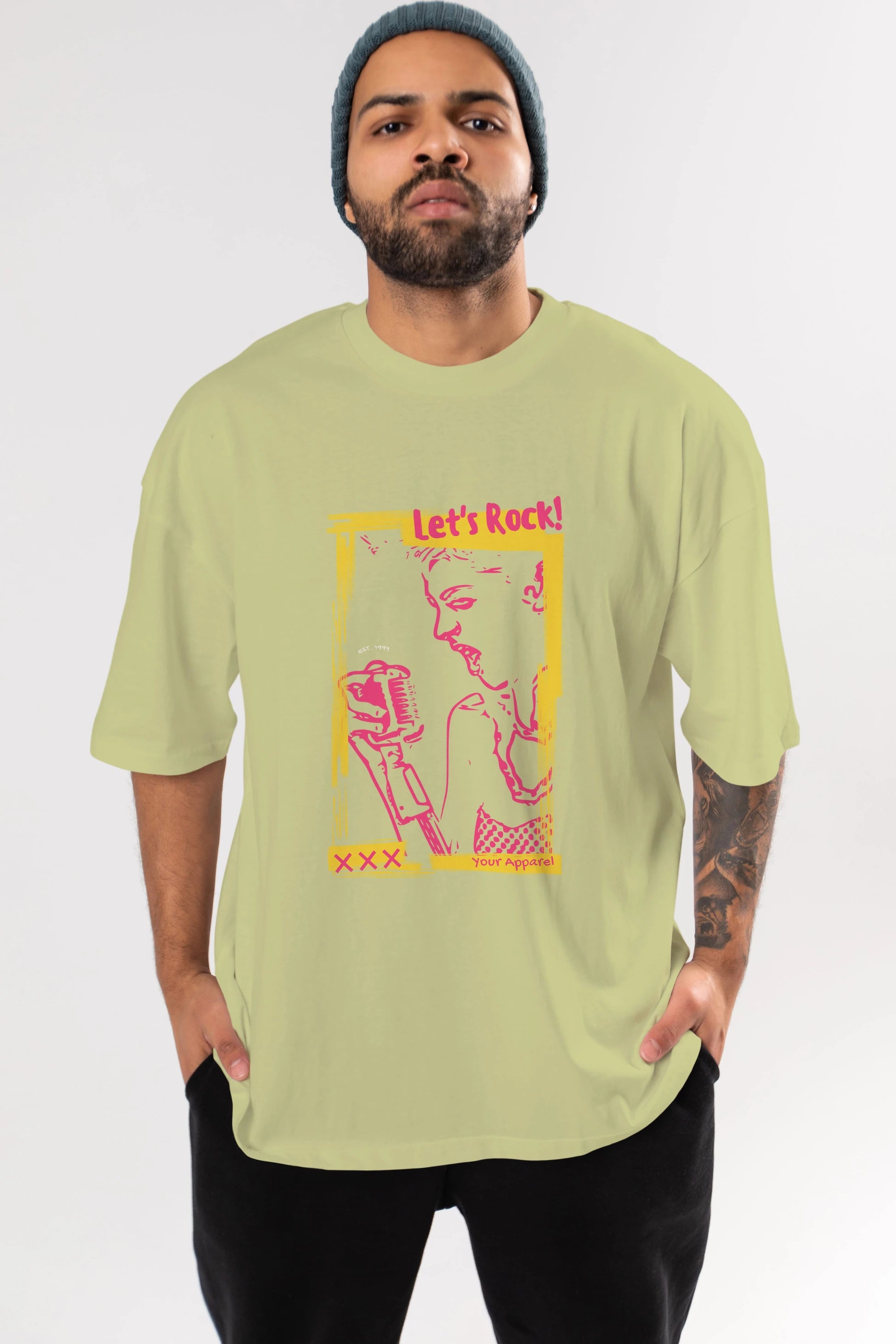Let's Rock Yazılı Ön Baskılı Oversize t-shirt Erkek Kadın Unisex