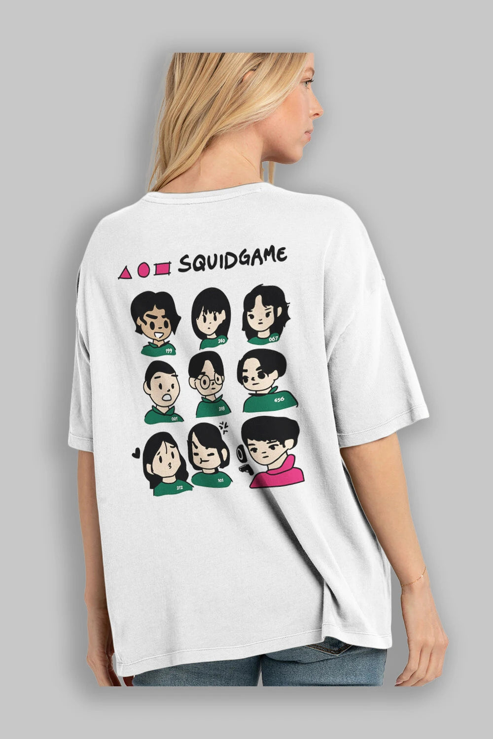 Squid Game (3) Arka Baskılı Oversize t-shirt Erkek Kadın Unisex %100 Pamuk Bisiklet Yaka tişort
