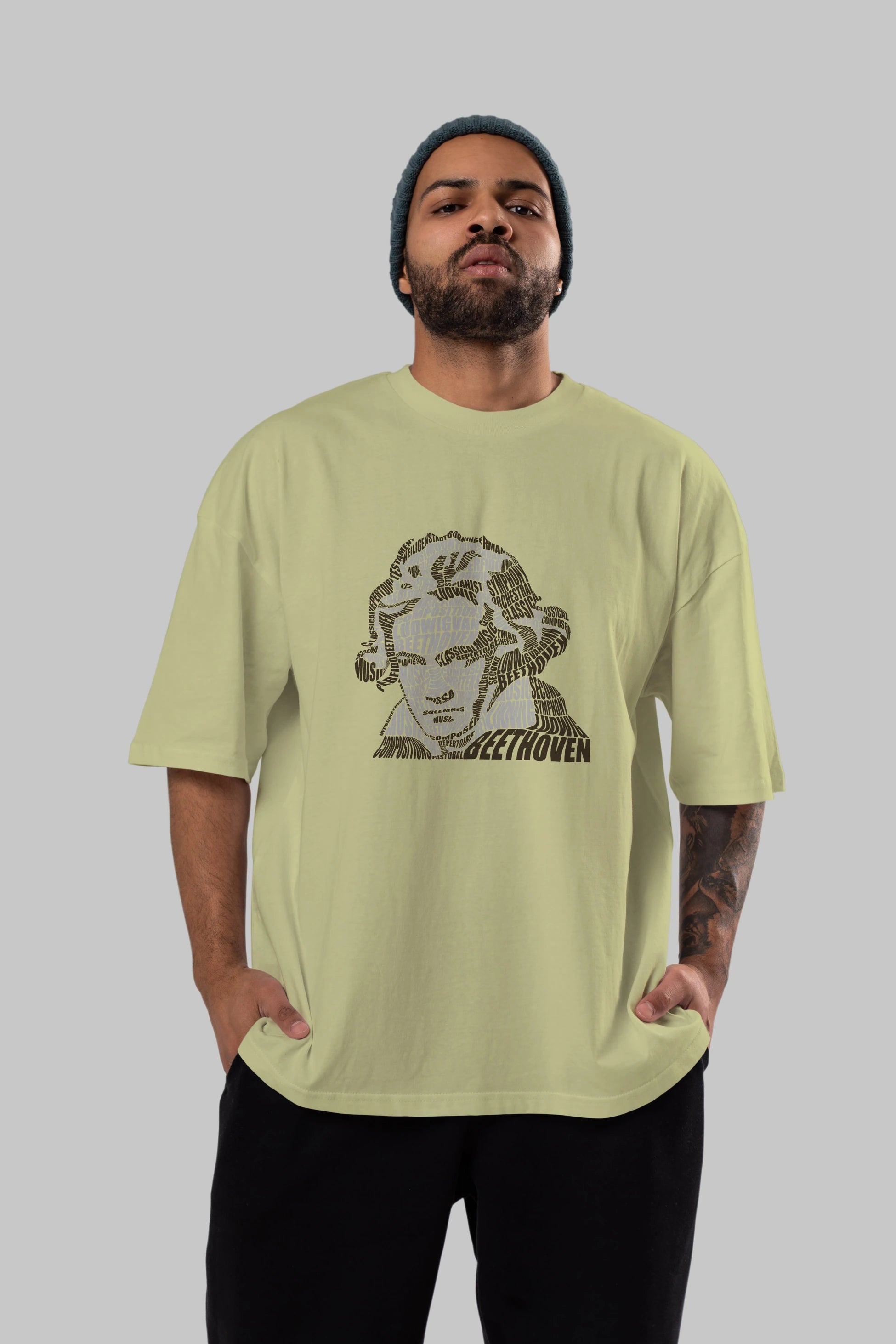 Ludwig van Beethoven Calligram Ön Baskılı Oversize t-shirt %100 pamuk Erkek Kadın Unisex