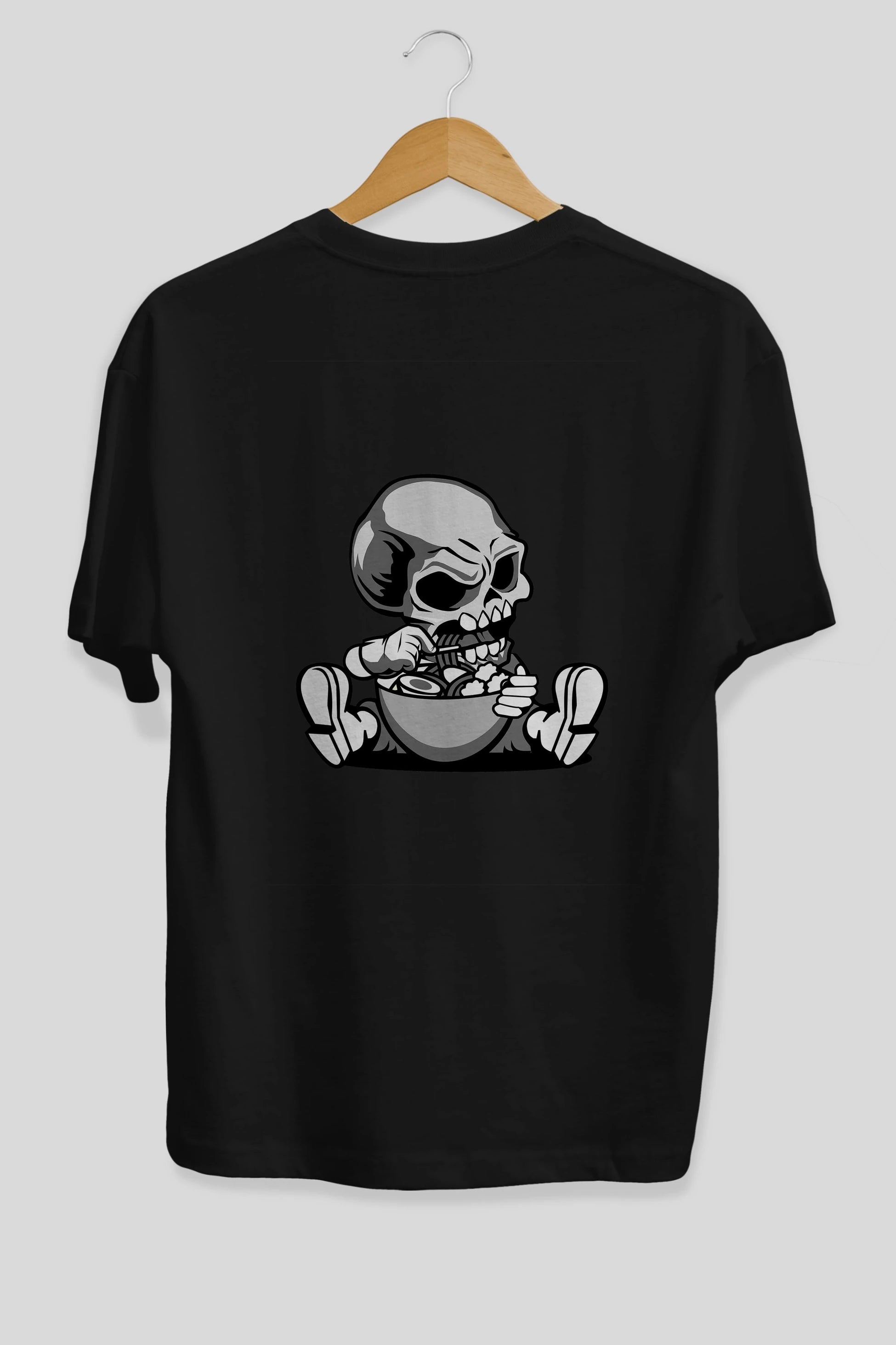 Skull Eat Ramen Arka Baskılı Oversize t-shirt Erkek Kadın Unisex %100 Pamuk tişort