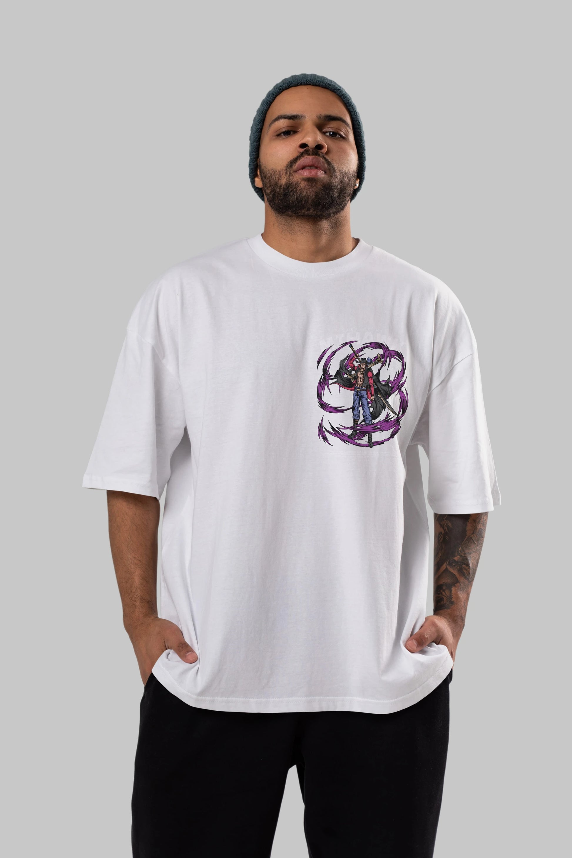 Mihawk Ön Sol Baskılı Oversize t-shirt Erkek Kadın Unisex %100 Pamuk Bisiklet Yaka tişort