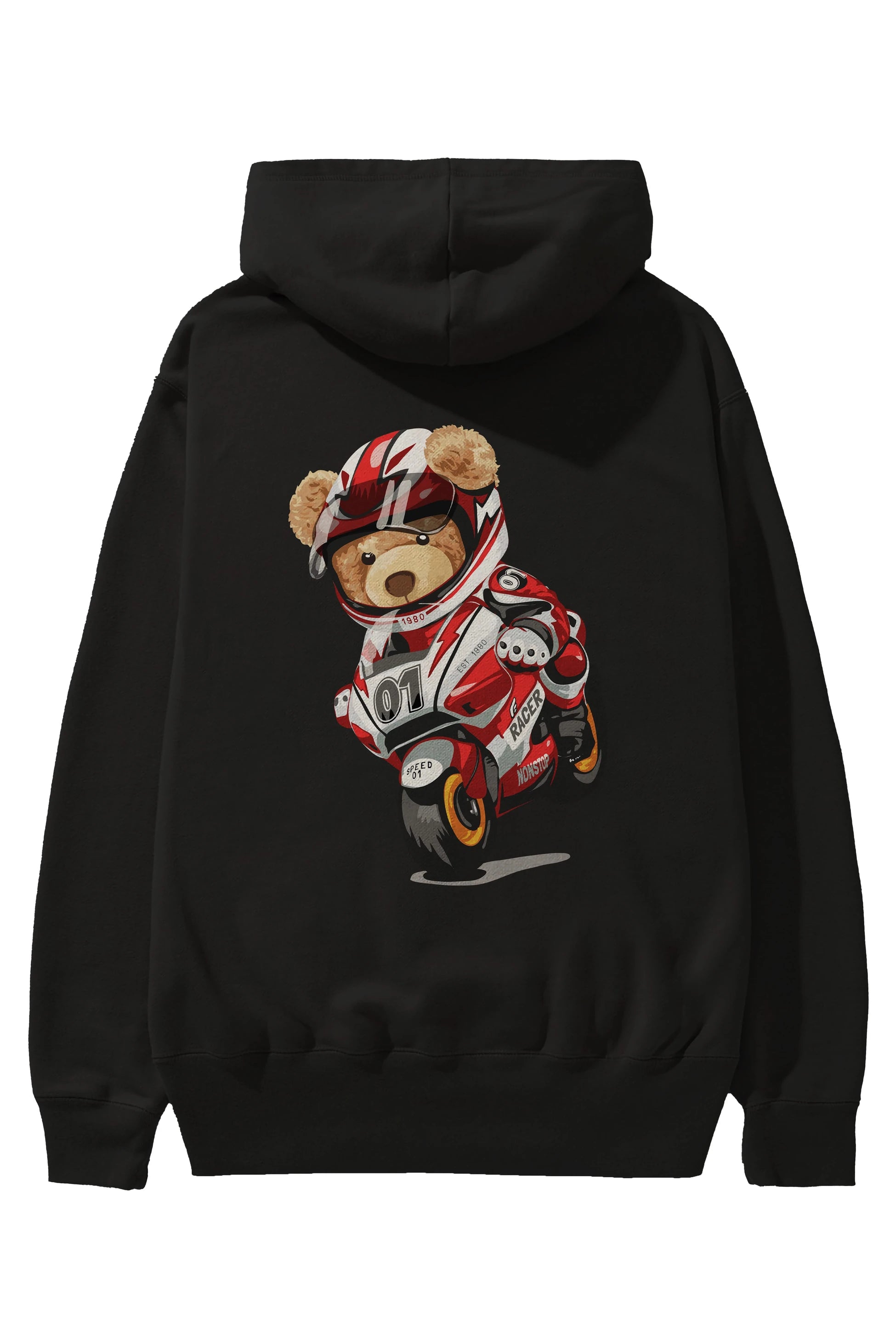 Teddy Bear Racer Arka Baskılı Hoodie Oversize Kapüşonlu Sweatshirt Erkek Kadın Unisex