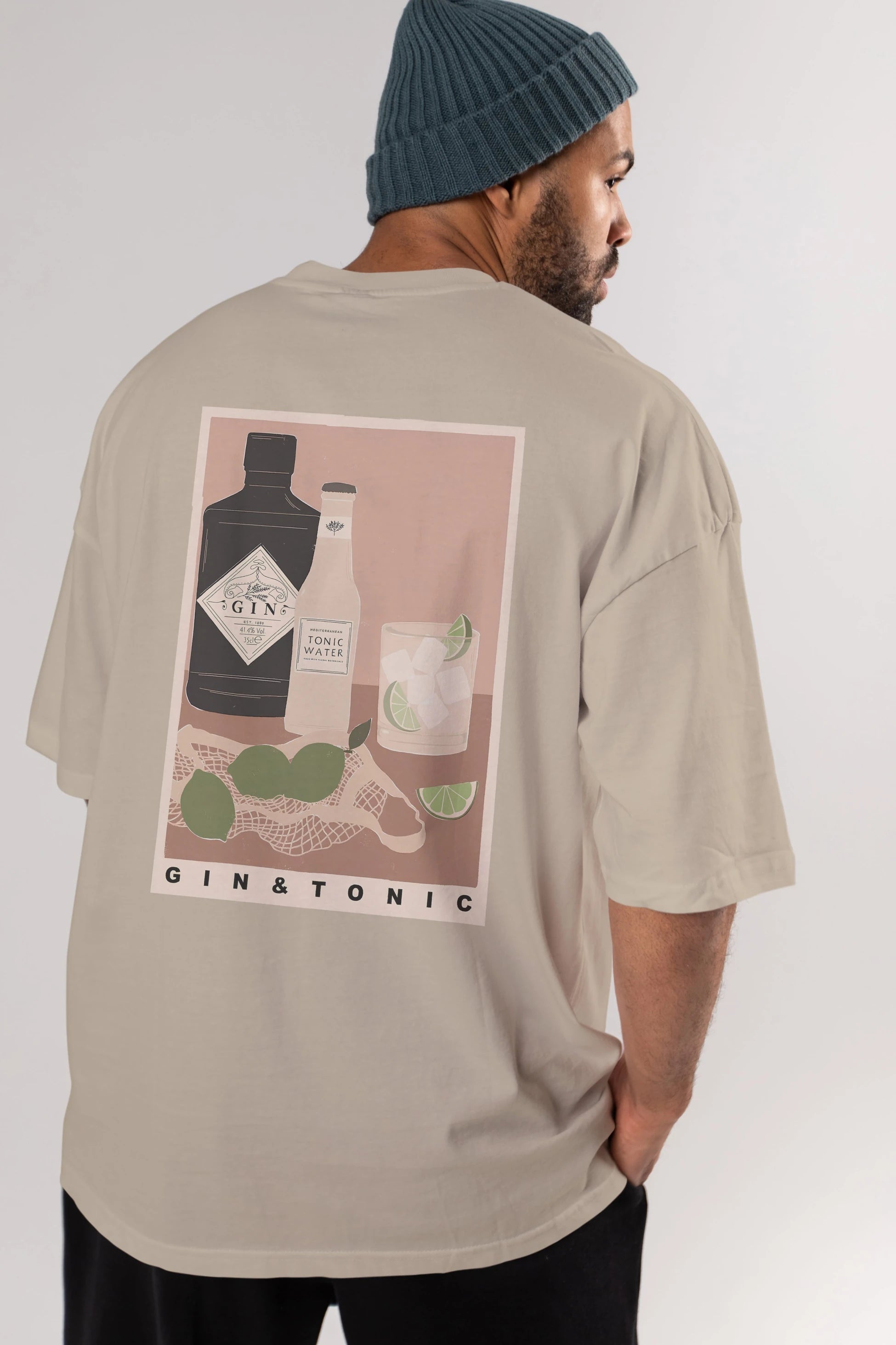 Gin Tonic Arka Baskılı Oversize t-shirt Erkek Kadın Unisex %100 Pamuk Bisiklet Yaka tişort